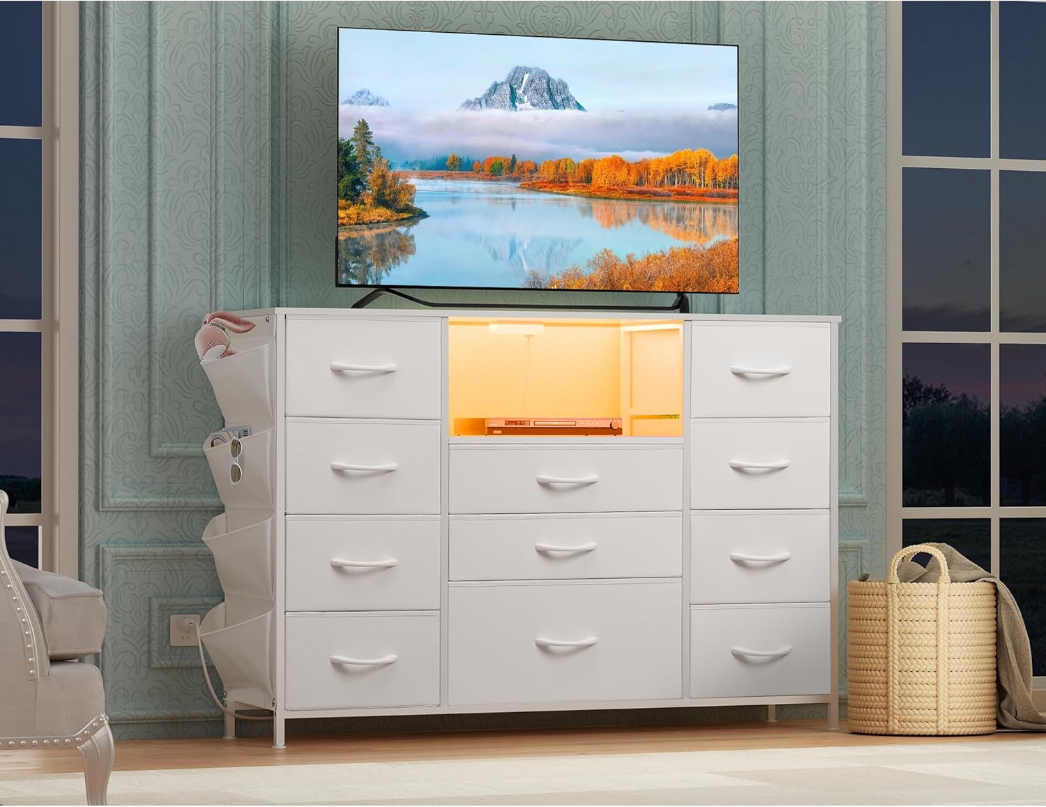 TV Stand Dresser with 11 Drawers, TV Stand with Power Outlets and Side Pockets, Fabric Bedroom Dresser for 55'' Long TV, Chest of Drawers for Living Room Bedroom, White - Image 3