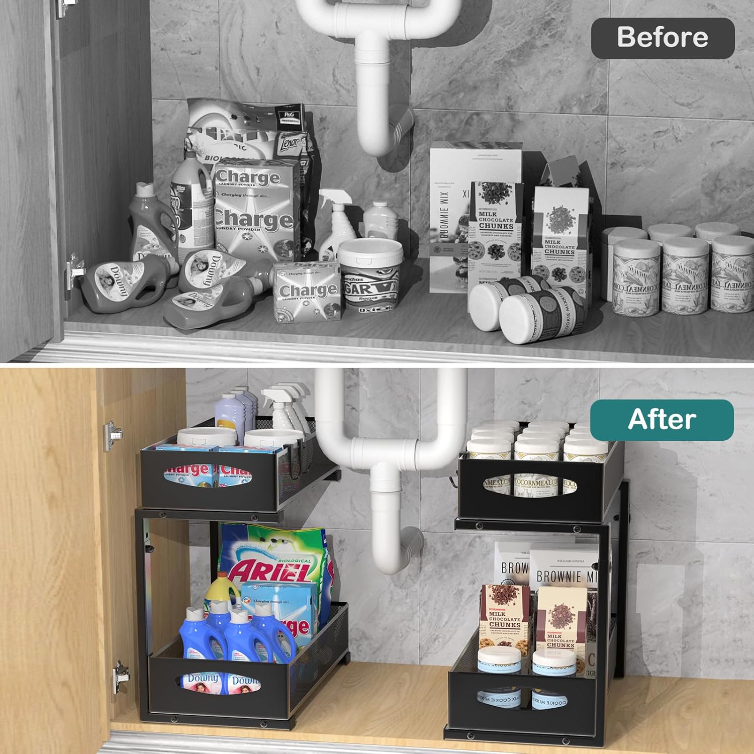 2 Pack Under Sink Organizer, 2 Tier Metal Pull Out Under Sink Storage with Sliding Mesh Drawers, Height Adjustable Slide Out Under Sink Organizer for Kitchen Bathroom Cabinet, Black - Image 4