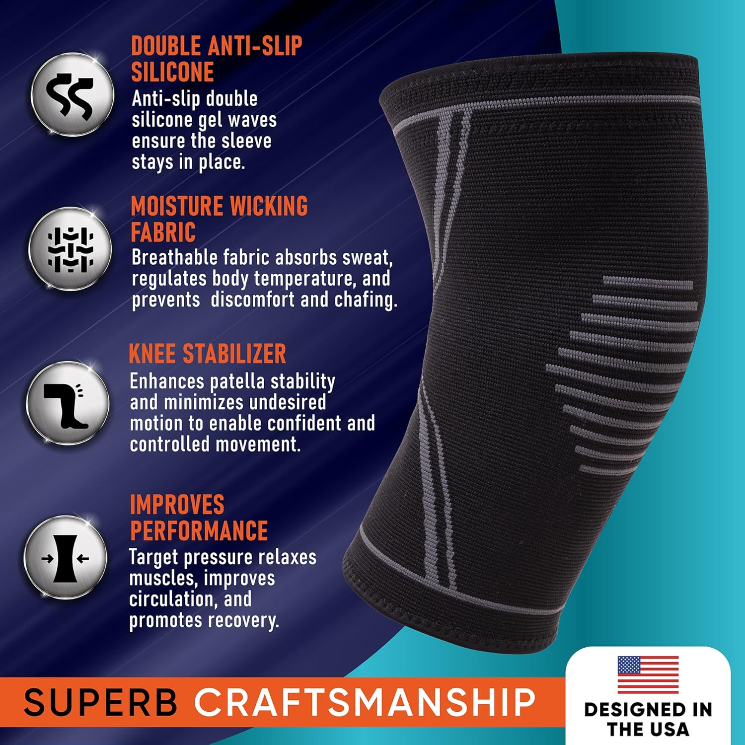 Knee Brace for Pain Relief - 2 Pack Knee Sleeves for Men and Women - Support for Weightlifting, Gym, Workout, Volleyball - Meniscus Tear, ACL, Arthritis - Image 7