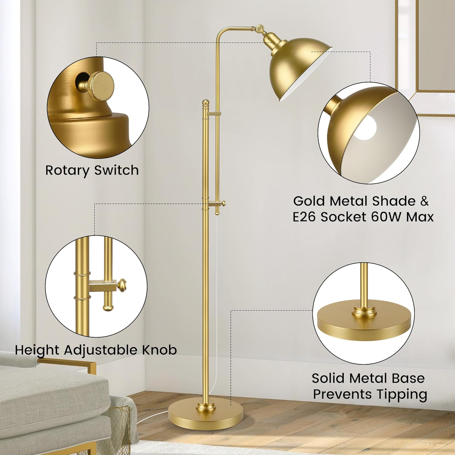 PARTPHONER Industrial Floor Lamp Adjustable, Rustic Farmhouse Reading Lamp in Aged Gold Finish, Modern Standing Lamp with Remote Control Metal Shade for Living Room Bedroom Study Room Office Hotel - Image 6
