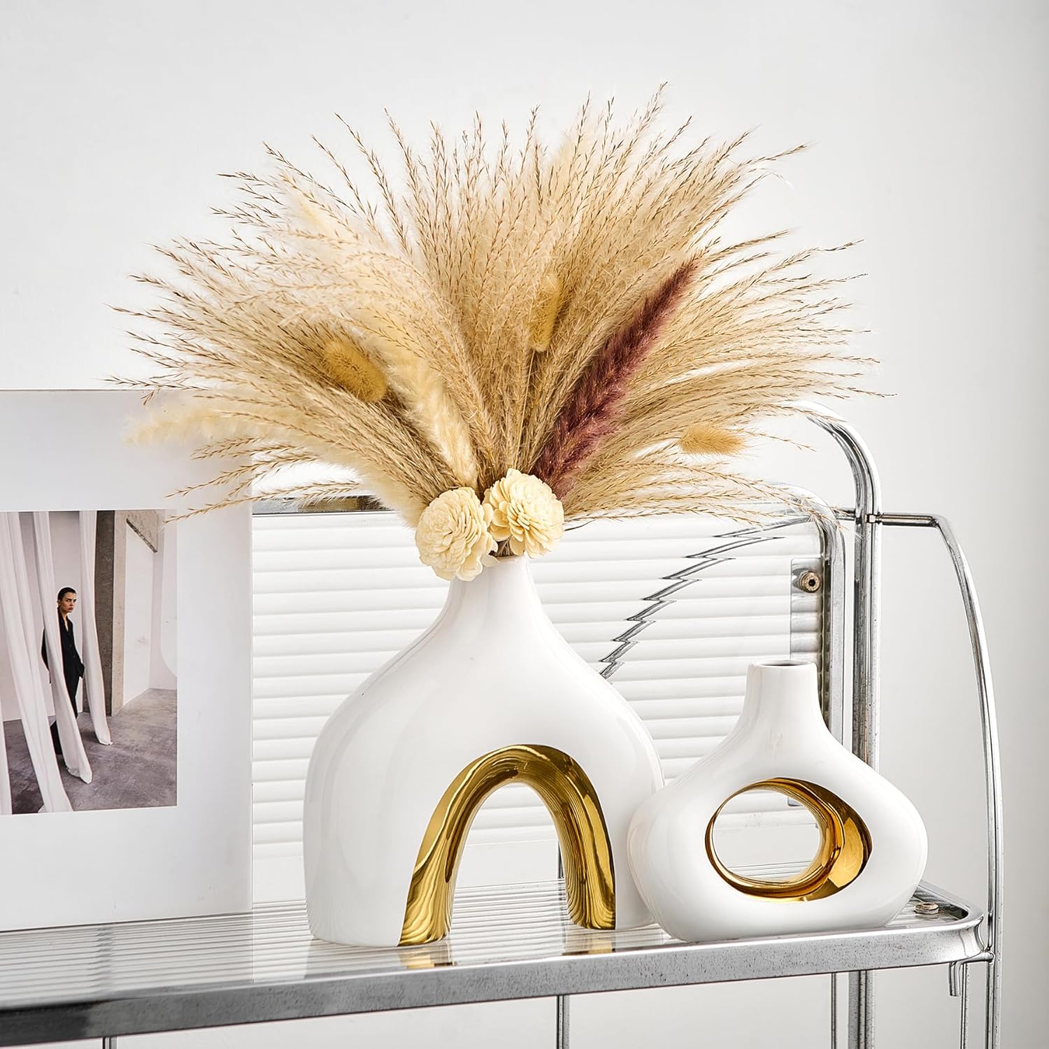 Ceramic Vase Set of 2 White and Gold Vase for Pampas Grass, Modern Donut Vase for Gold Decor, Round Vases Centerpieces for Wedding, Bedroom, Living Room, Coffee Table, Entryway, Office - Image 9