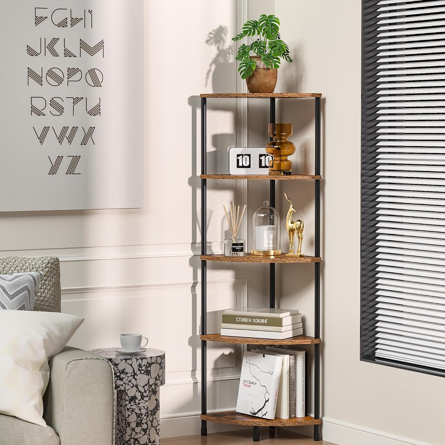 Corner Plant Stand Shelf, 5 Tier Tall Shelf Plant Stand for Indoor Plants, Rustic Brown Corner Bookshelf Wall Decor Living Room, 44.1" Display Shelf for Bedroom, Bathroom, Small Space - Image 5