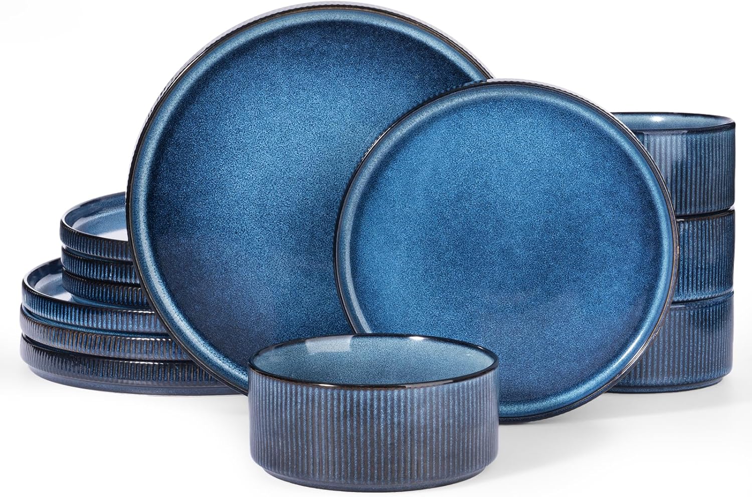 Famiware Star Dinnerware Sets, Plates and Bowls Set for 4, 12 Pieces Ribbed Dishes - Chip and Scratch Resistant, Microwave and Dishwasher Safe Tableware, Nebulas Blue - Image 2