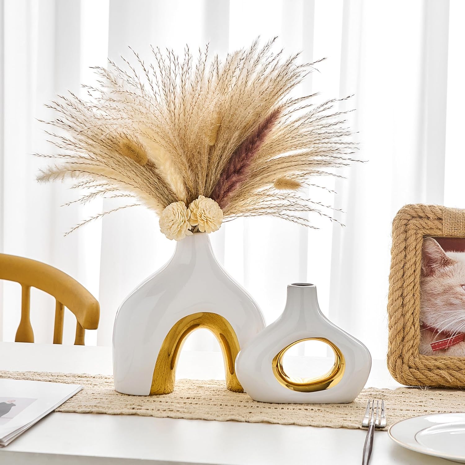 Ceramic Vase Set of 2 White and Gold Vase for Pampas Grass, Modern Donut Vase for Gold Decor, Round Vases Centerpieces for Wedding, Bedroom, Living Room, Coffee Table, Entryway, Office - Image 10