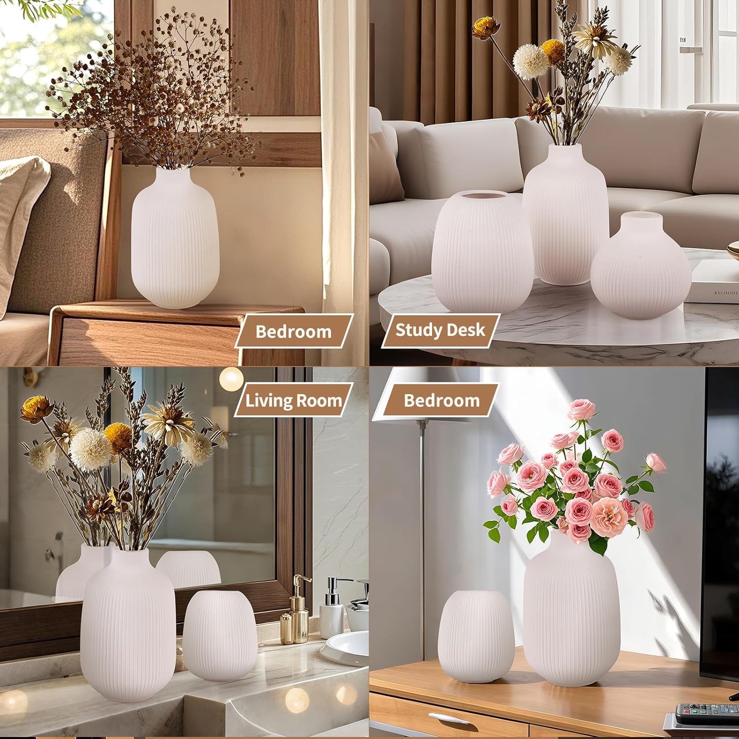 White Ceramic Vases Set of 3, Modern Home vase for Flowers Home Decor for centerpieces Living Room, Ceramic vase Set, Dining Table and Entryway Decor, Housewarmings Gifts, Rustic vases- Stripe - Image 8