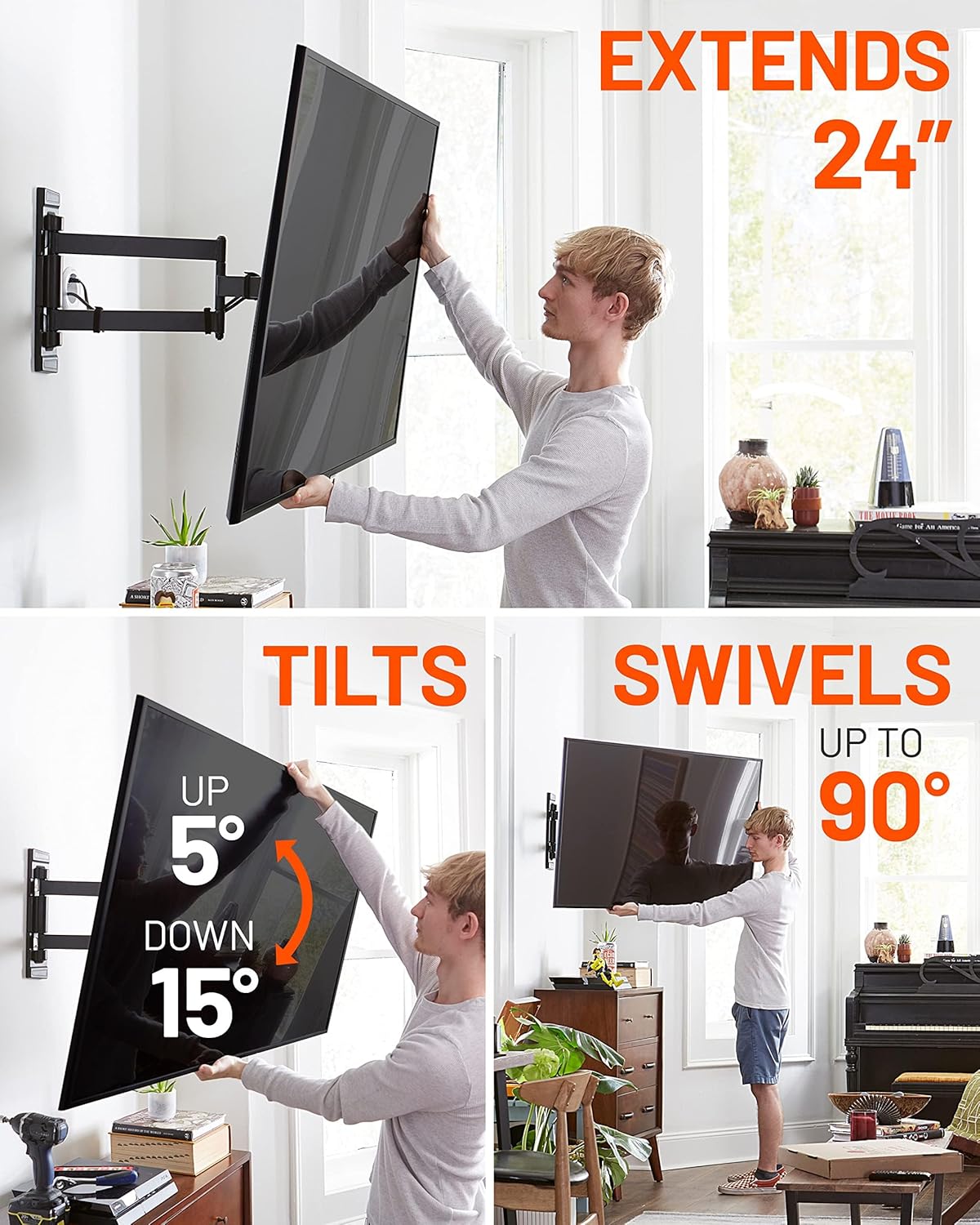 ECHOGEAR Corner TV Wall Mount for Big TVs - 24 Inches of Extension Plus Smooth Full Motion - Mount TVs Up to 65" in The Corner Or Up to 75" On A Flat Wall - Drilling Template & Cable Ties Included - Image 3