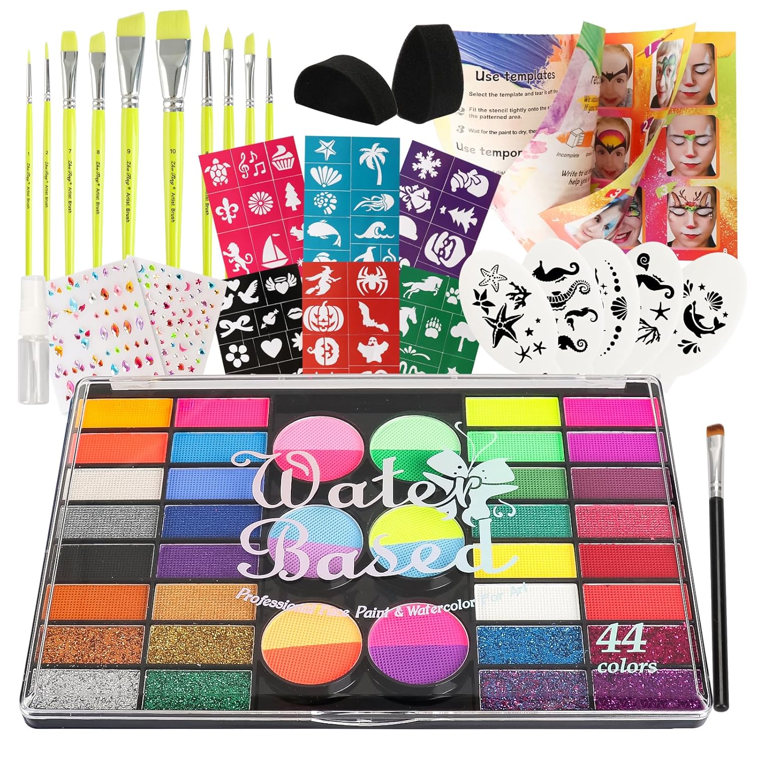 44 Color Face Painting Kit for Kids - Non Toxic Water Activated Face Paint Palette with Stencils, Brushes, Gems & Glitter. Halloween, Carnival, Party; Costume Makeup for Creative Activities - Image 2