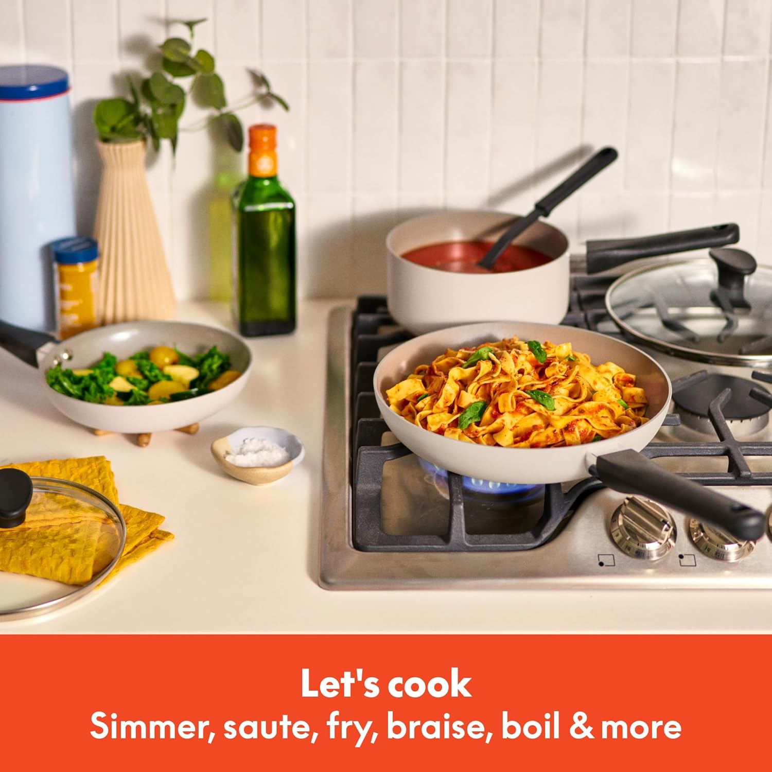 bella 12 Piece Cookware Set with EverGood™ Ceramic Nonstick Coating, Dishwasher & Oven Safe, All Stovetops Compatible, Tempered Glass Lids and Cool Touch Handles, Oatmilk - Image 5