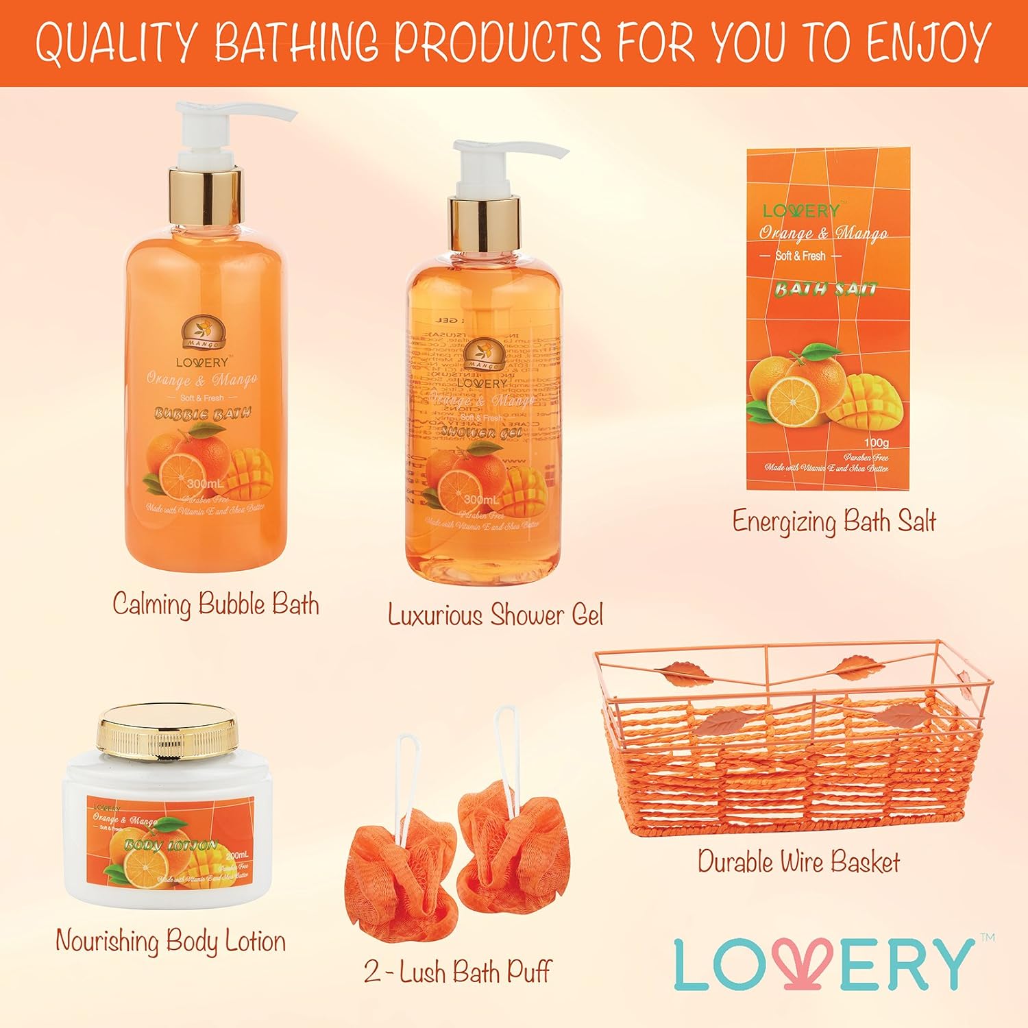 LOVERY Spa Gift Basket - Orange & Mango Scent - Luxury Mother's Day Gift - 7 Piece Bath & Body Set For Women & Men, Contains Shower Gel, Bubble Bath, Body Lotion, Bath Salt, 2 Poufs & Handmade Basket - Image 5