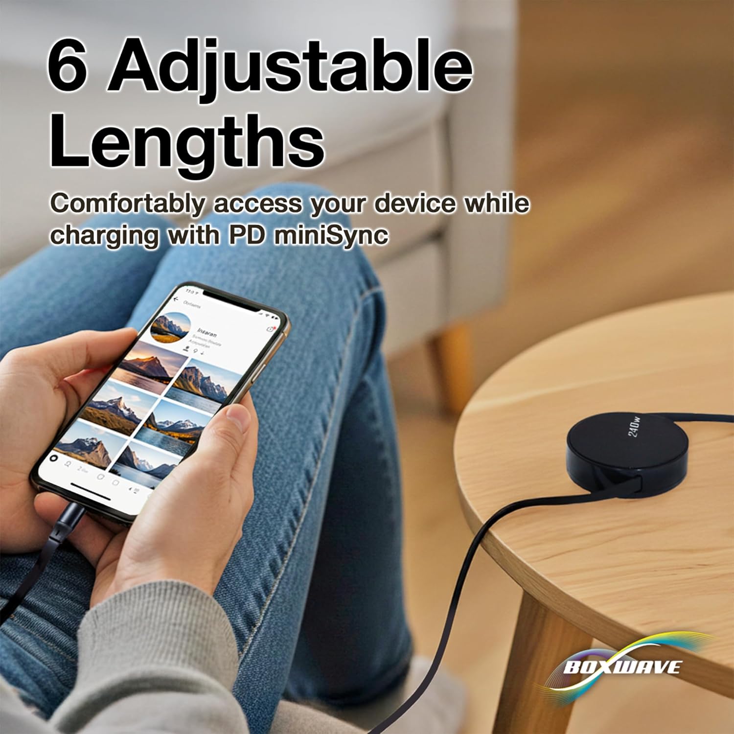 BoxWave Cable Compatible with Jumper J1 Convertible Laptop (16 in) - PD miniSync (240W), Retractable PD 240W Portable USB Type-C Cable - Jet Black - Image 6