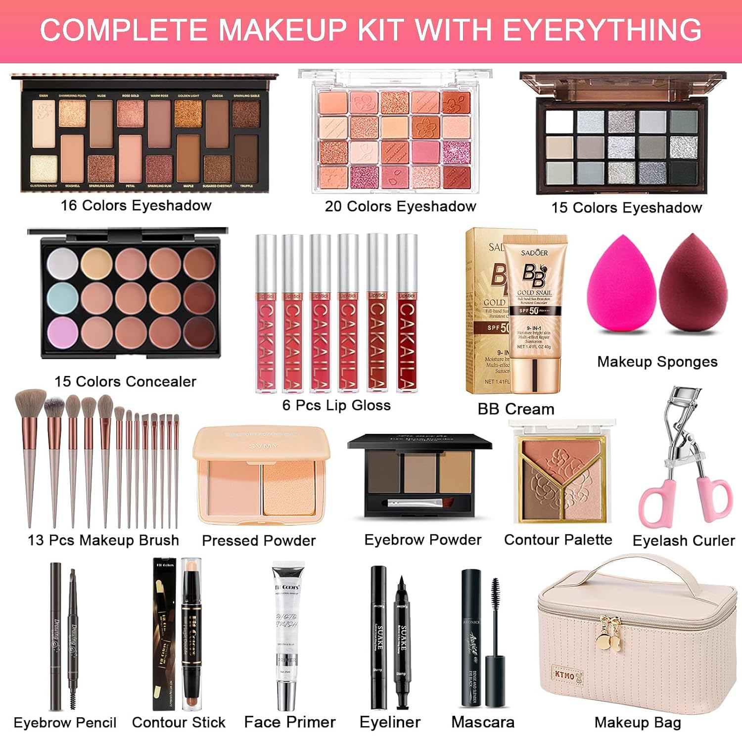 All in One Makeup Kit, Makeup Kit for Women Full Kit, Travel Make Up Gift Set for Women, Teens & Girls, Includes Eyeshadow Lipstick Eyeliner Eyebrow Pencil Brush Set, Beginners and Professionals Alike - Image 3