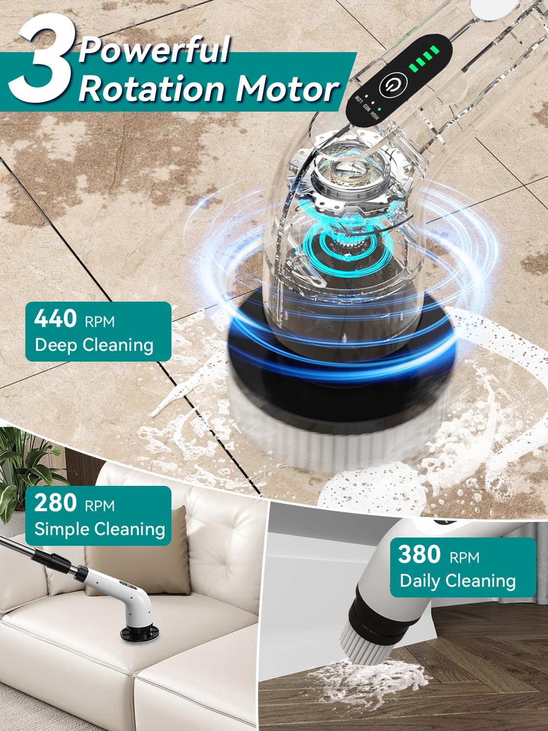 3-Speed Electric Spin Scrubber for Bathroom, 120Mins Runtime, Cordless Power Cleaning Brush with 8 Brush Heads, 3000mAh Shower Scrubber with Long Handle, Floor Scrubber, Grout Brush Bathtub Cleaning - Image 4