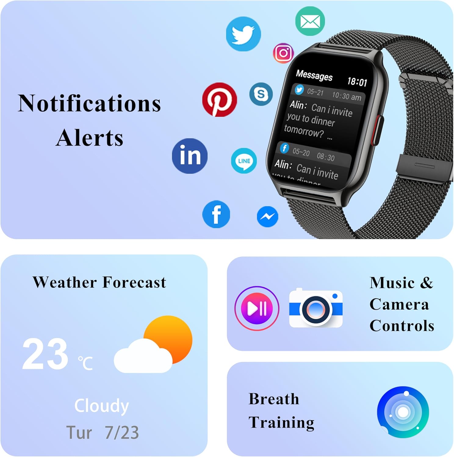 Popglory Smart Watch Answer/Make Calls, 2.01'' Smartwatch with AI Voice Control, Blood Pressure/SpO2/Heart Rate Monitor, Fitness Tracker Watch 2 Straps for Men Women for iOS Android Phones - Image 7
