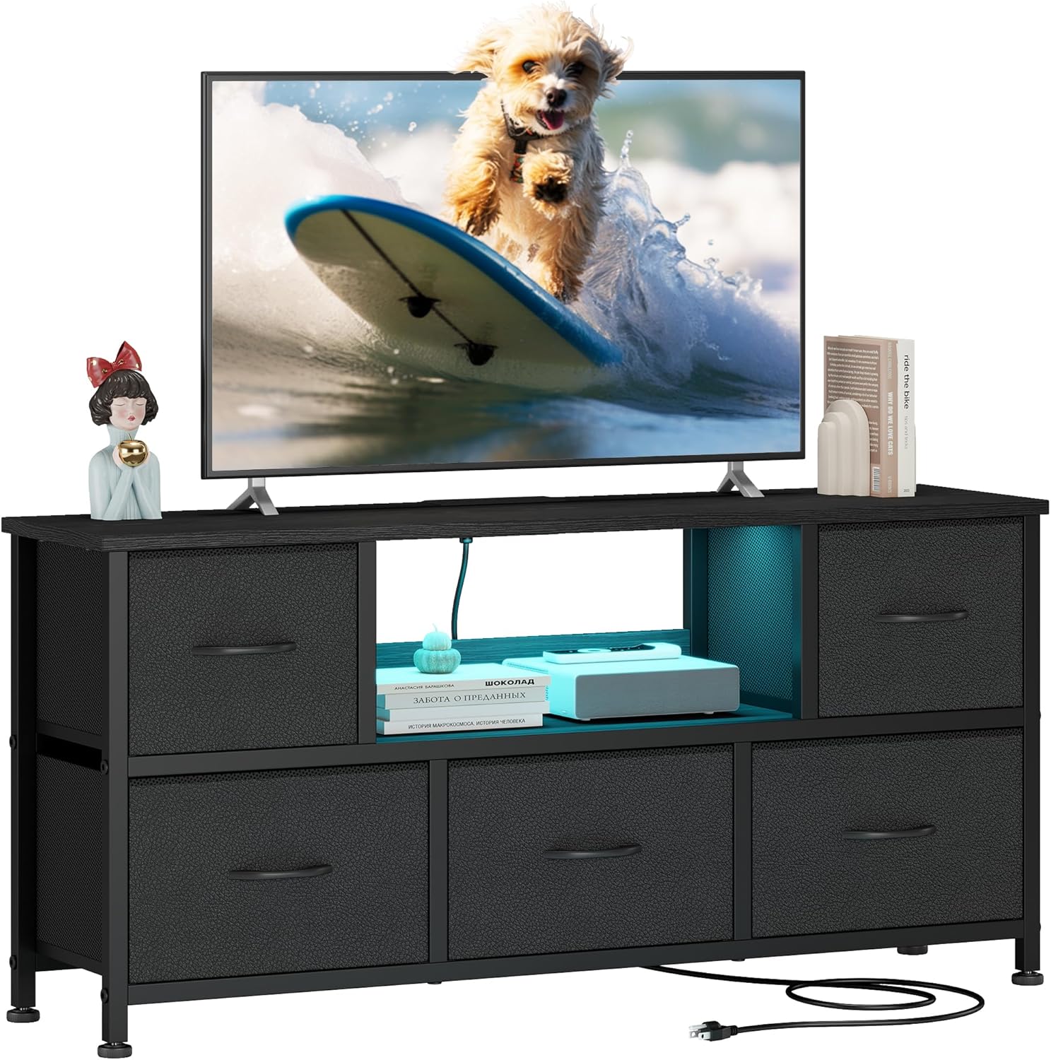 Lulive TV Stand for Living Room, LED Black Dresser for Bedroom with 5 Fabric Drawers,43 55in TV Stand with Power Outlet, Entertainment Center with Open Shelf - Image 2