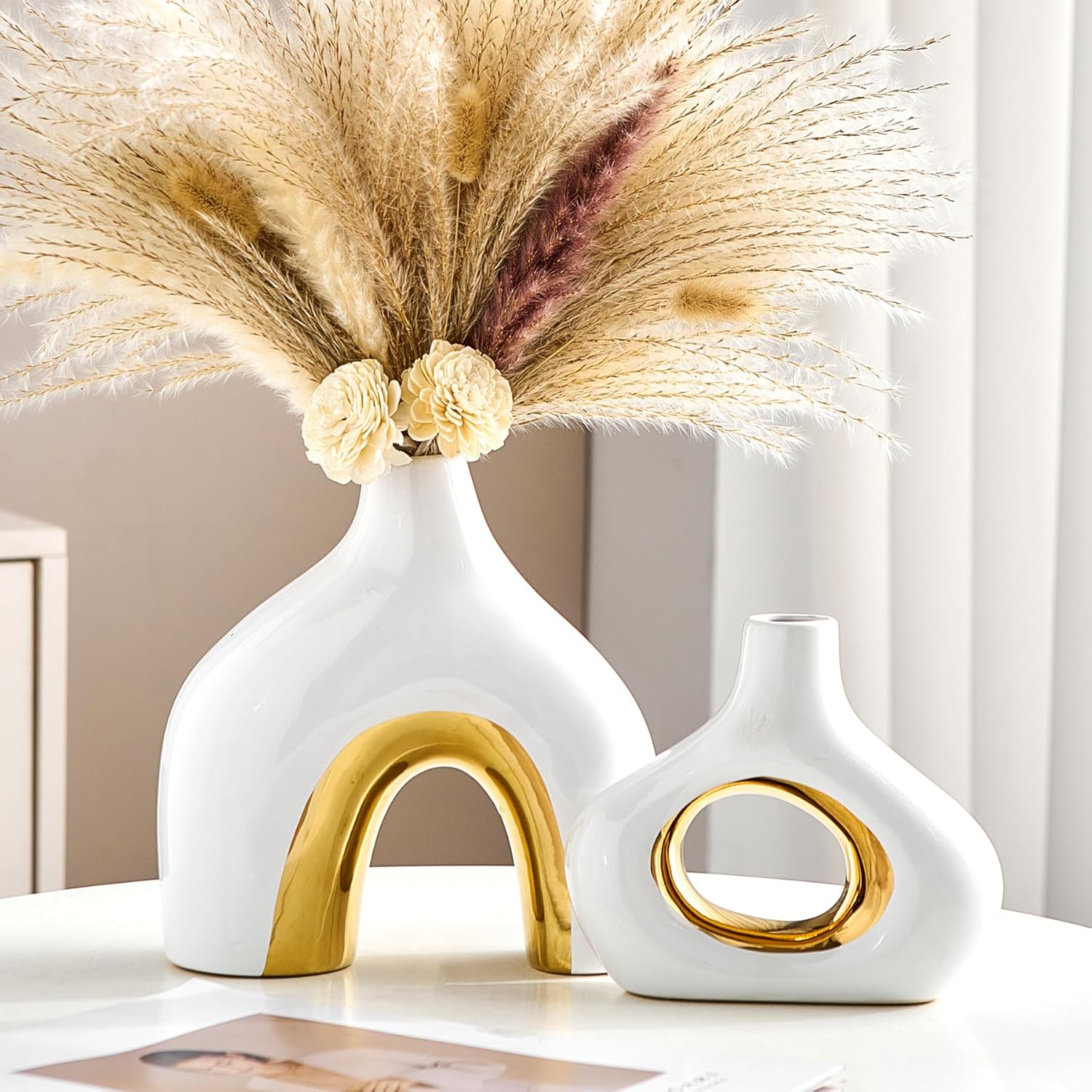 Ceramic Vase Set of 2 White and Gold Vase for Pampas Grass, Modern Donut Vase for Gold Decor, Round Vases Centerpieces for Wedding, Bedroom, Living Room, Coffee Table, Entryway, Office - Image 2
