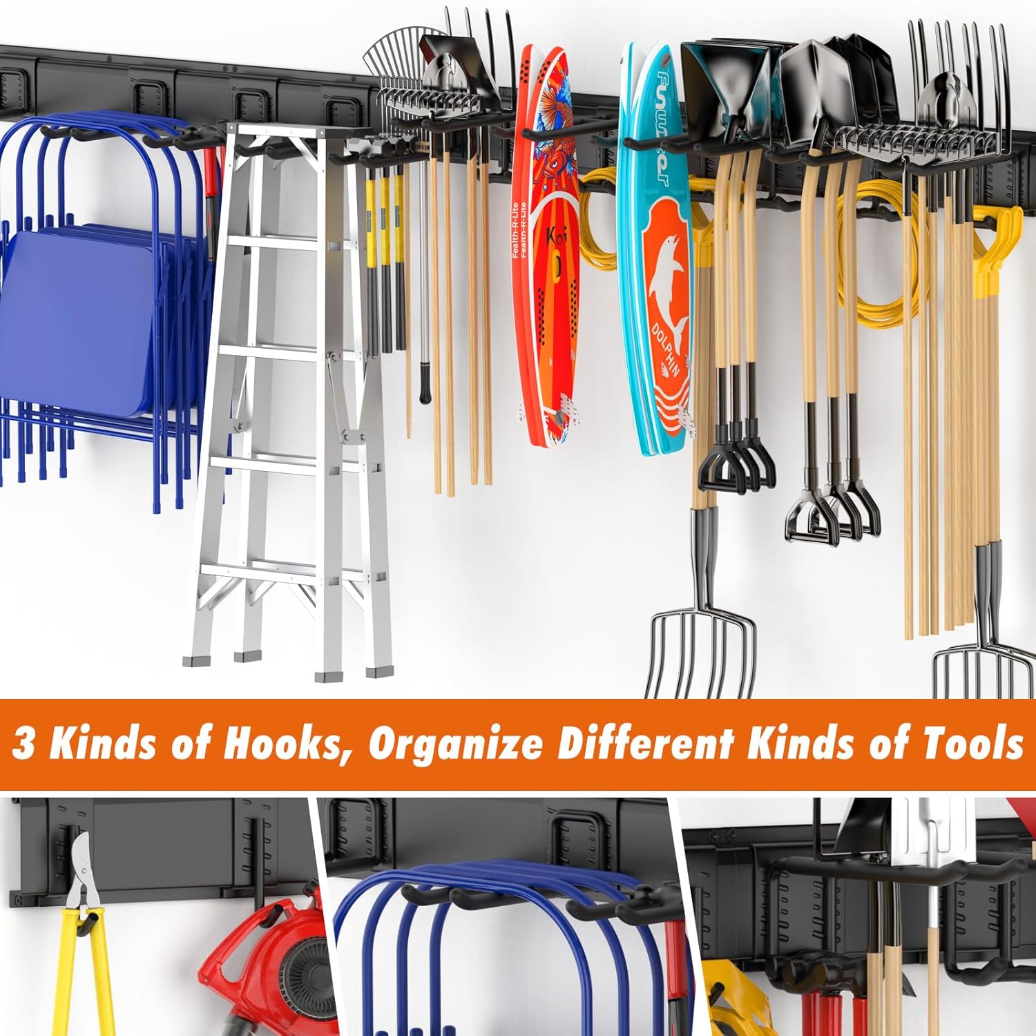 Heavy Duty Garden Tool Organizer 64 Inch - 18Pack Carries 570 lbs, Garage Tool Organizer Storage System, 4 Rails with 12 Adjustable Hooks, Tool Holder Wall Mount for Warehouse, Workshop - Image 6