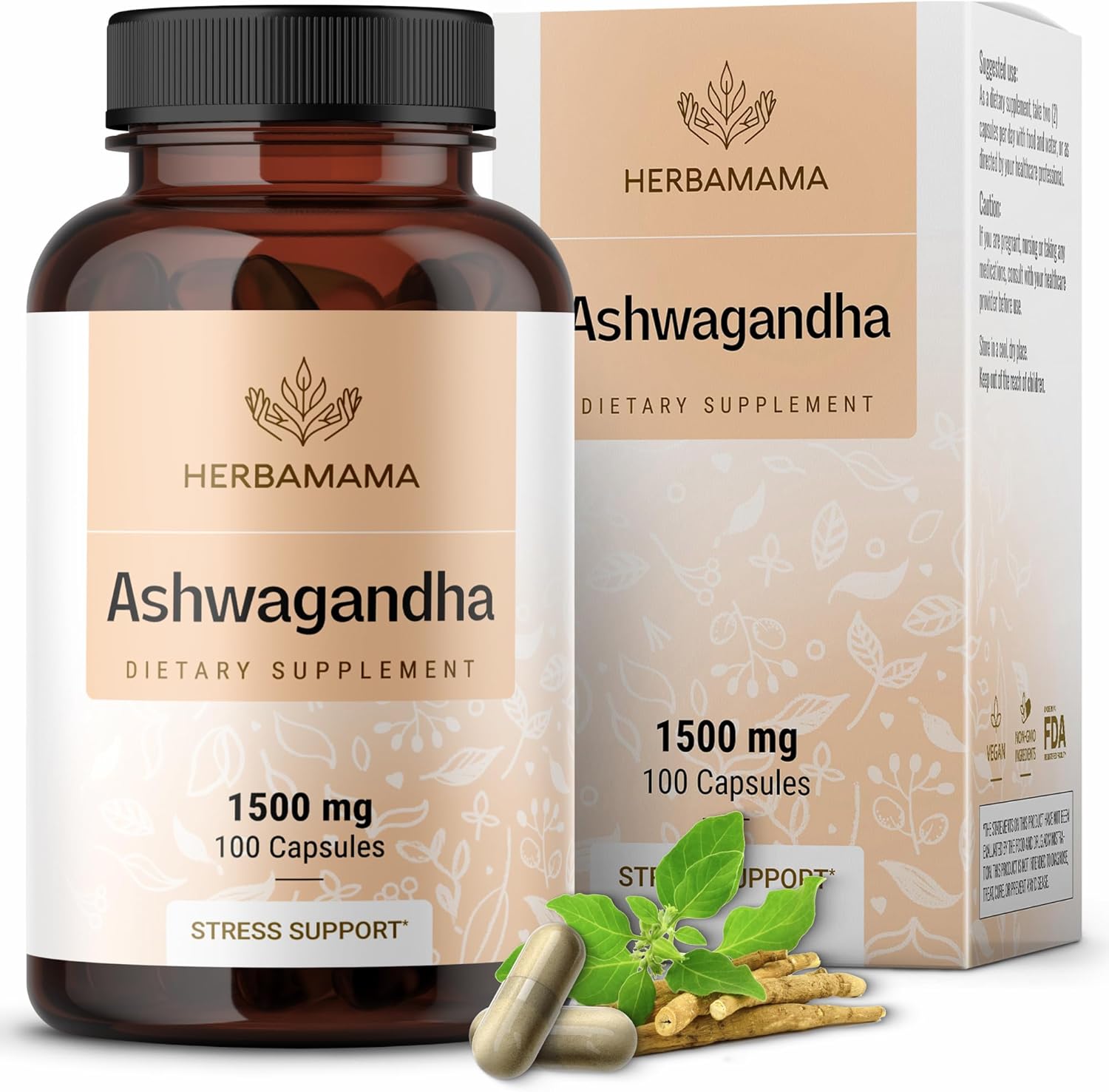 HERBAMAMA Ashwagandha Capsules - 1500mg Pure Ashwagandha Root Focus Supplement - Vegan, Non-GMO Mood & Calm Support Supplement for Adults, 100 Caps - Image 2