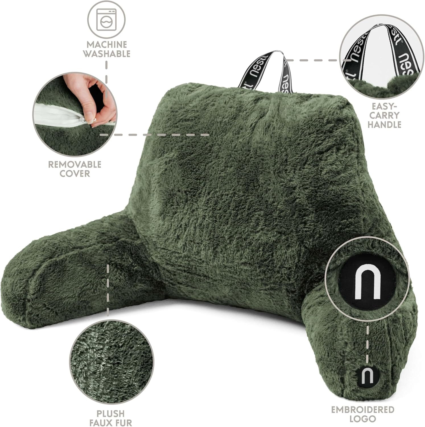 Nestl Fur Reading Pillow with Laptop Lap Desk, Stylish Back Pillow for Sitting Up, Lap Desk with Reading Pillows for Sitting in Bed Adult & Kids, Faux Fur Chair Pillow with Arms - Olive Green - Image 6