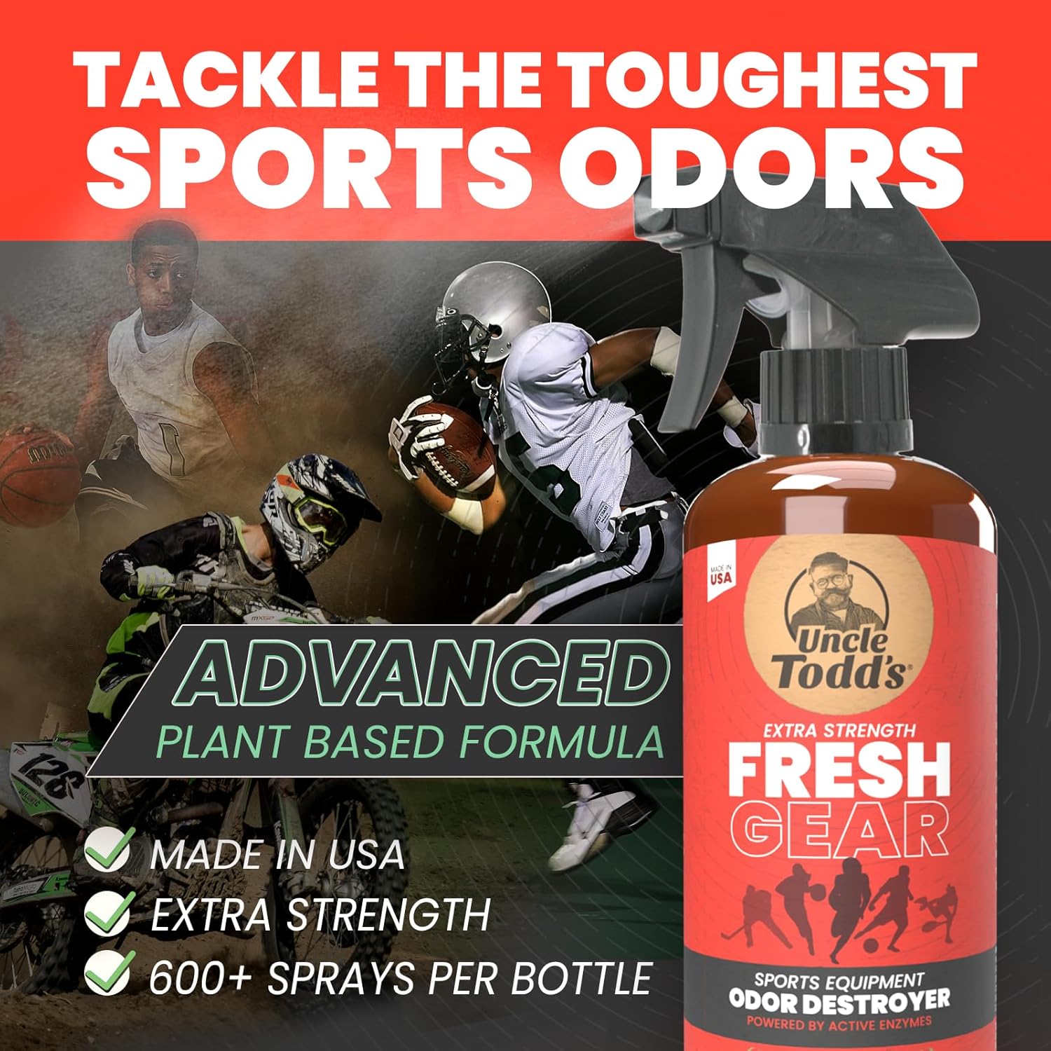 Uncle Todd's Fresh Gear Sports Equipment Odor Eliminator Spray - Extra Strength Enzyme-Powered Deodorizer for Football, Hockey, Gym Bags, and Athletic Gear - Bamboo Blitz Scent - 16 oz - Image 3