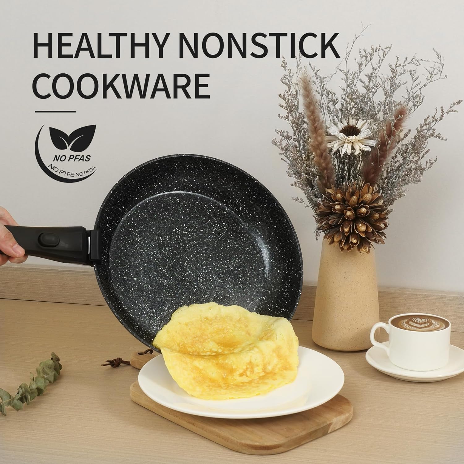 23pcs Ceramic Pots and Pans Set, Nonstick Detachable Handle Cookware, Induction Kitchen Cooking Set with Removable Handle,include Frying Pans & Saucepans Oven Safe (Black) - Image 7