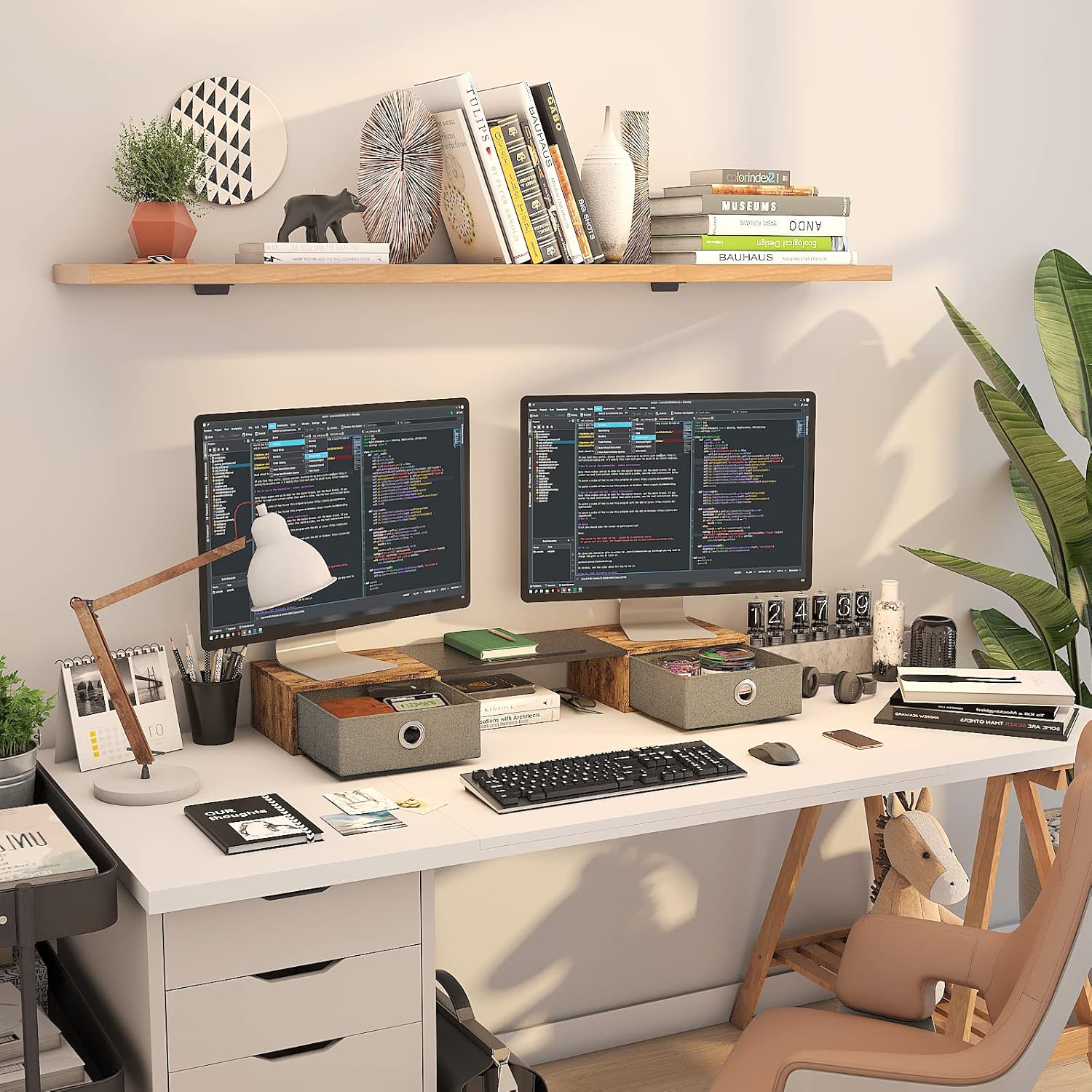 WESTREE Dual Monitor Stand Riser with Two Drawers, Extra Large Storage for 2 Monitors, Desktop Oraganizer Computer,Laptop,Screen,Printer,TV - Image 4