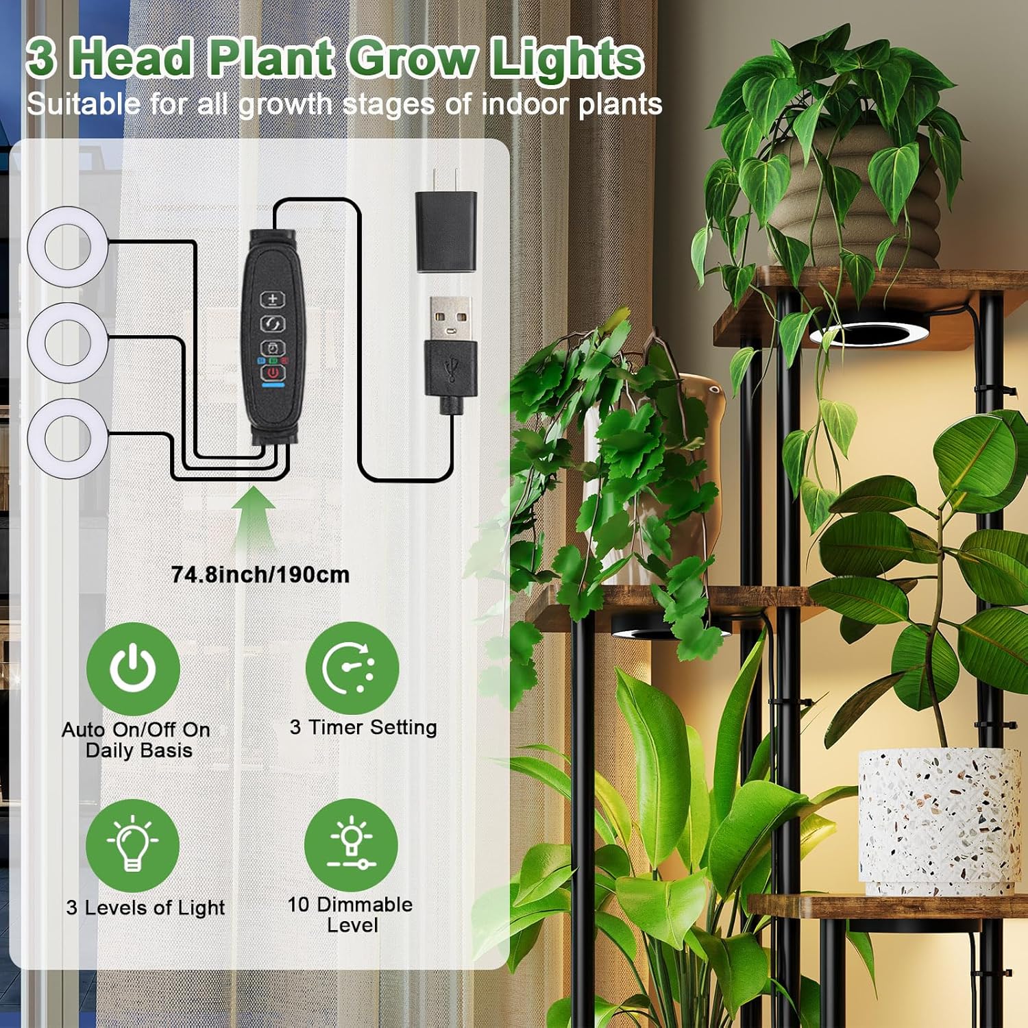 2 Pack Plant Stand Indoor with Grow Light, 52" Tall Plant Shelf for Corner Plants Multiple, 6 Tiered Heavy Duty Plant Display for Outdoor, Plant Rack with Lights for Living Room Growing - Image 3