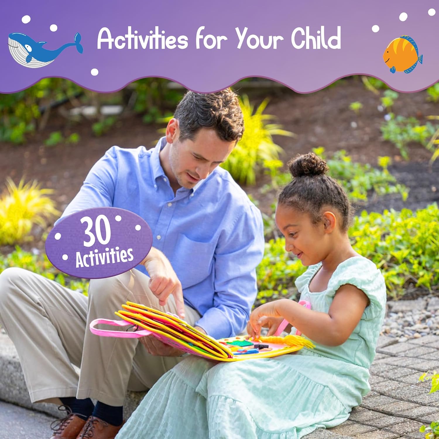 Busy Board Book Bag for Kids | Interactive Learning Activities for Ages 2-7 | Mermaid-Themed Skill-Building Kit | Hair Braiding, Tying Shoes, Math, and Alphabet Puzzles, Felt Bag - Image 6