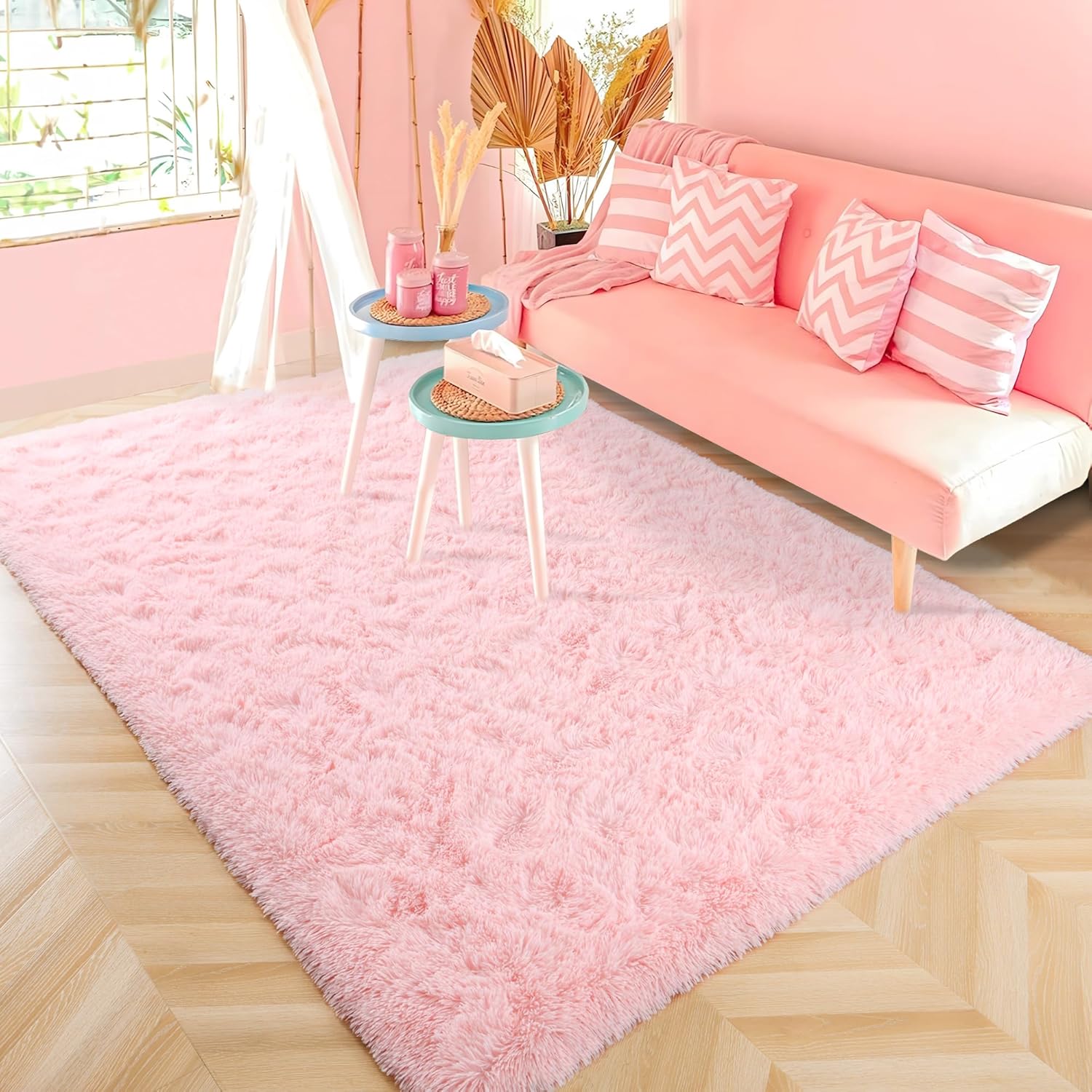 ISEAU 6x9 Area Rug for Living Room, Pink Rugs for Bedroom, Kitchen, Soft Shaggy Carpets, Fluffy and Machine Washable Mats, Under Bed, On Nursery Floors Mat, Boys, Girls Room Carpet Decor - Image 2
