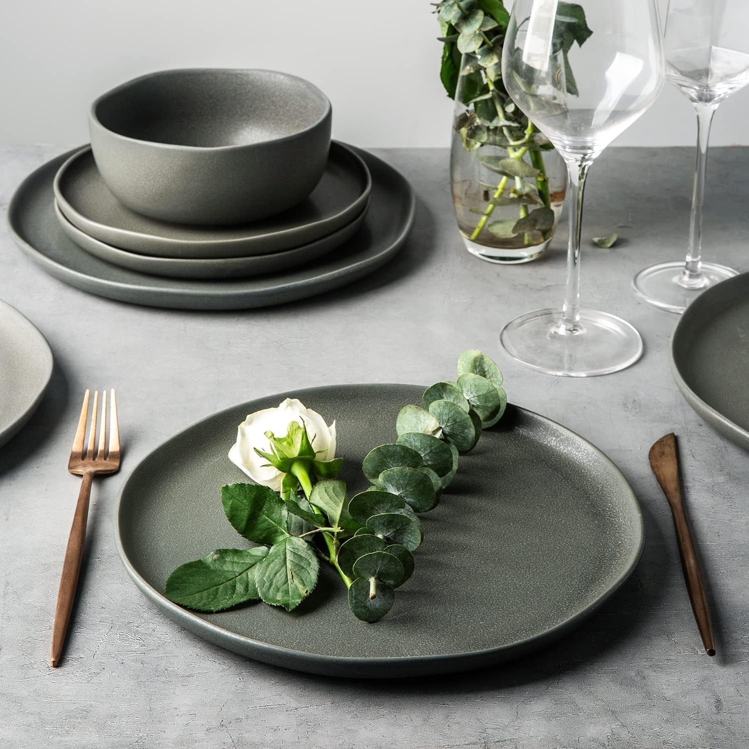 AmorArc Stoneware Dinnerware Sets, Wavy Rim Ceramic Plates and Bowls Sets, Highly Chip and Crack Resistant | Dishwasher & Microwave & Oven Safe Dishes set, Service for 4 (12pc) - Image 6