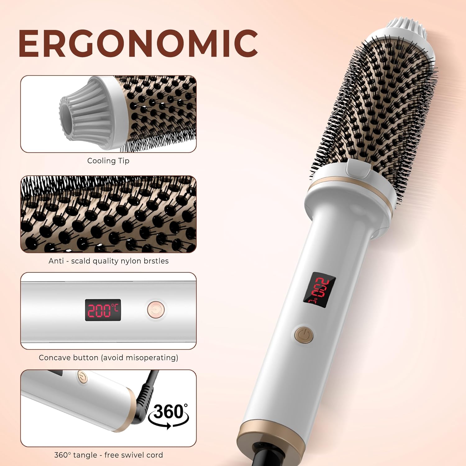 Thermal Brush,10 Temperatures LCD Display Upgrade to 400°F 1.5 in Heated Round Brush Curling Iron Heated Ceramic Tourmaline Ionic Comb 110-240V Volum - Image 9