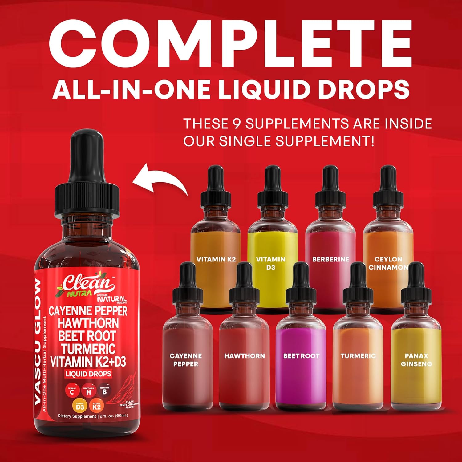 Clean Nutra Cayenne Pepper Drops Supplement Liquid + Hawthorn Berry, Vitamin D3 K2 Beet Root Powder, Ceylon Cinnamon, Turmeric Curcumin, Organic Panax Ginseng, Berberine Extract Organic (2) - Image 3