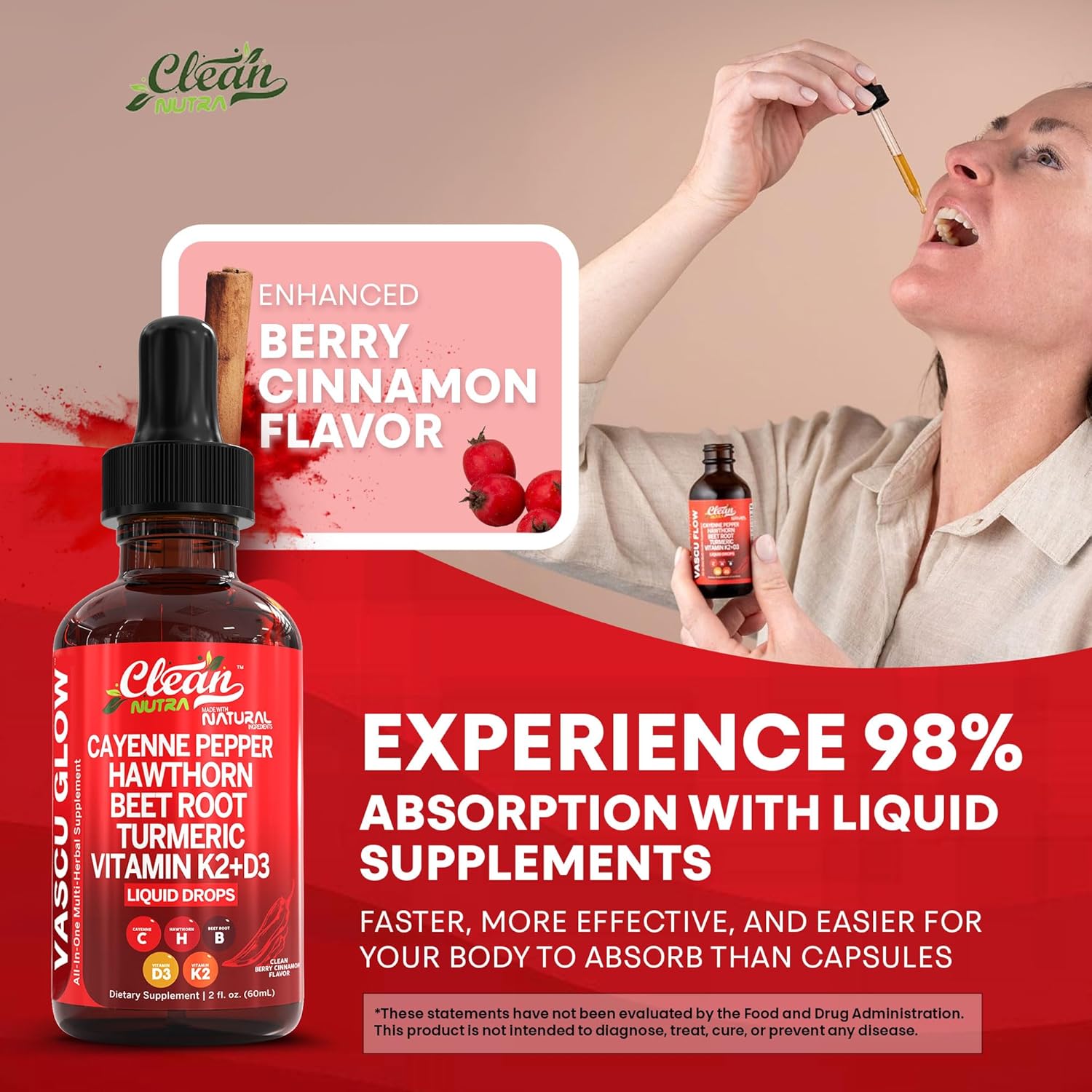 Clean Nutra Cayenne Pepper Drops Supplement Liquid + Hawthorn Berry, Vitamin D3 K2 Beet Root Powder, Ceylon Cinnamon, Turmeric Curcumin, Organic Panax Ginseng, Berberine Extract Organic (2) - Image 6