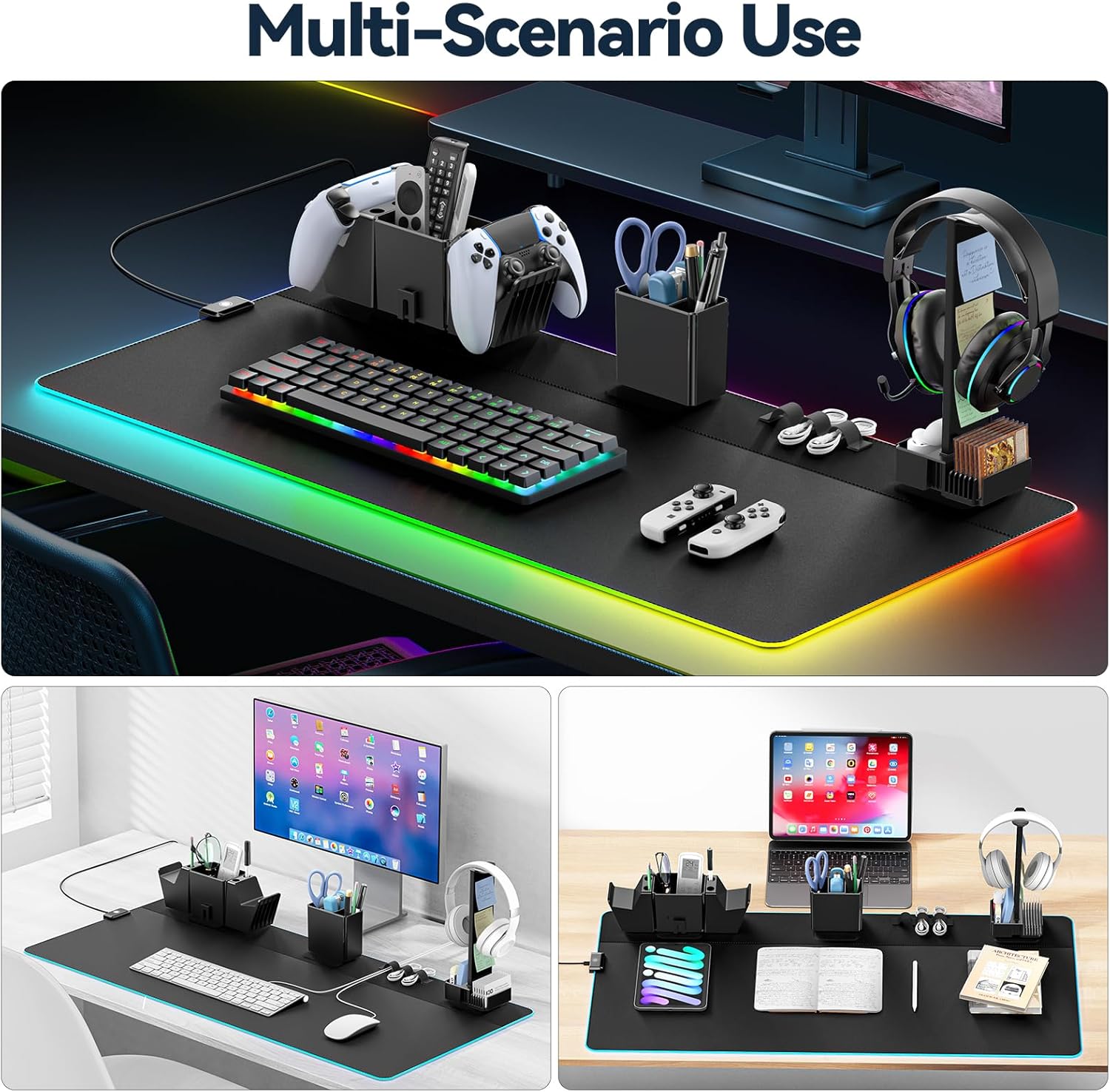 KDD RGB Gaming Mouse Pad with Magnetic Organizer Set - 8 in 1 Desk Keyboard Mat with Desktop Storage for Headset & Controller Stand/Remote Holder/Pen Holder/Cable Management for Gamer Accessory Setup - Image 8