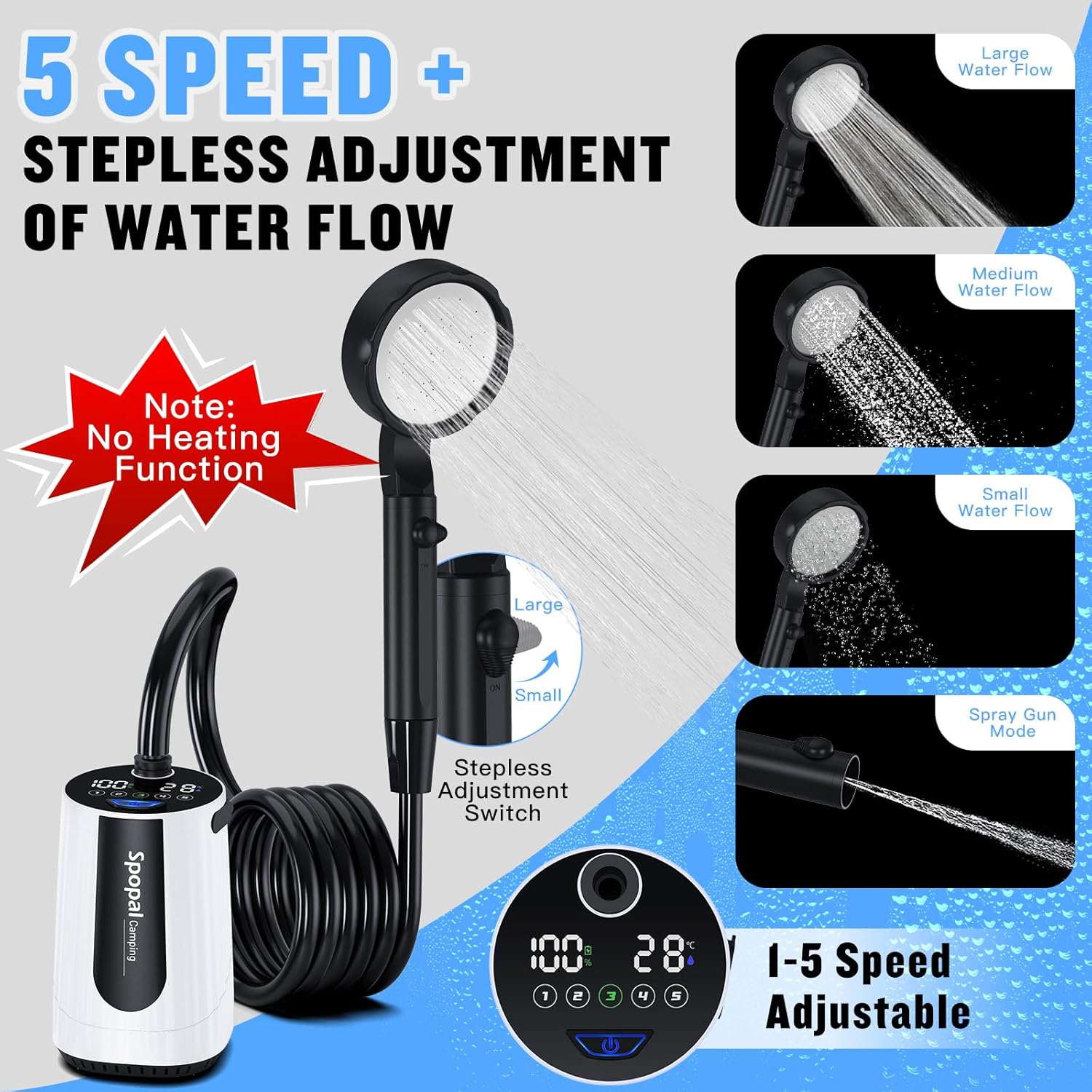 Portable Camping Shower - 10000mAh Rechargeable, 5-Speed, IPX8 Waterproof, LED Display Camp Shower Pump- Perfect for Hiking, Travel, Cars & Pets - Image 4