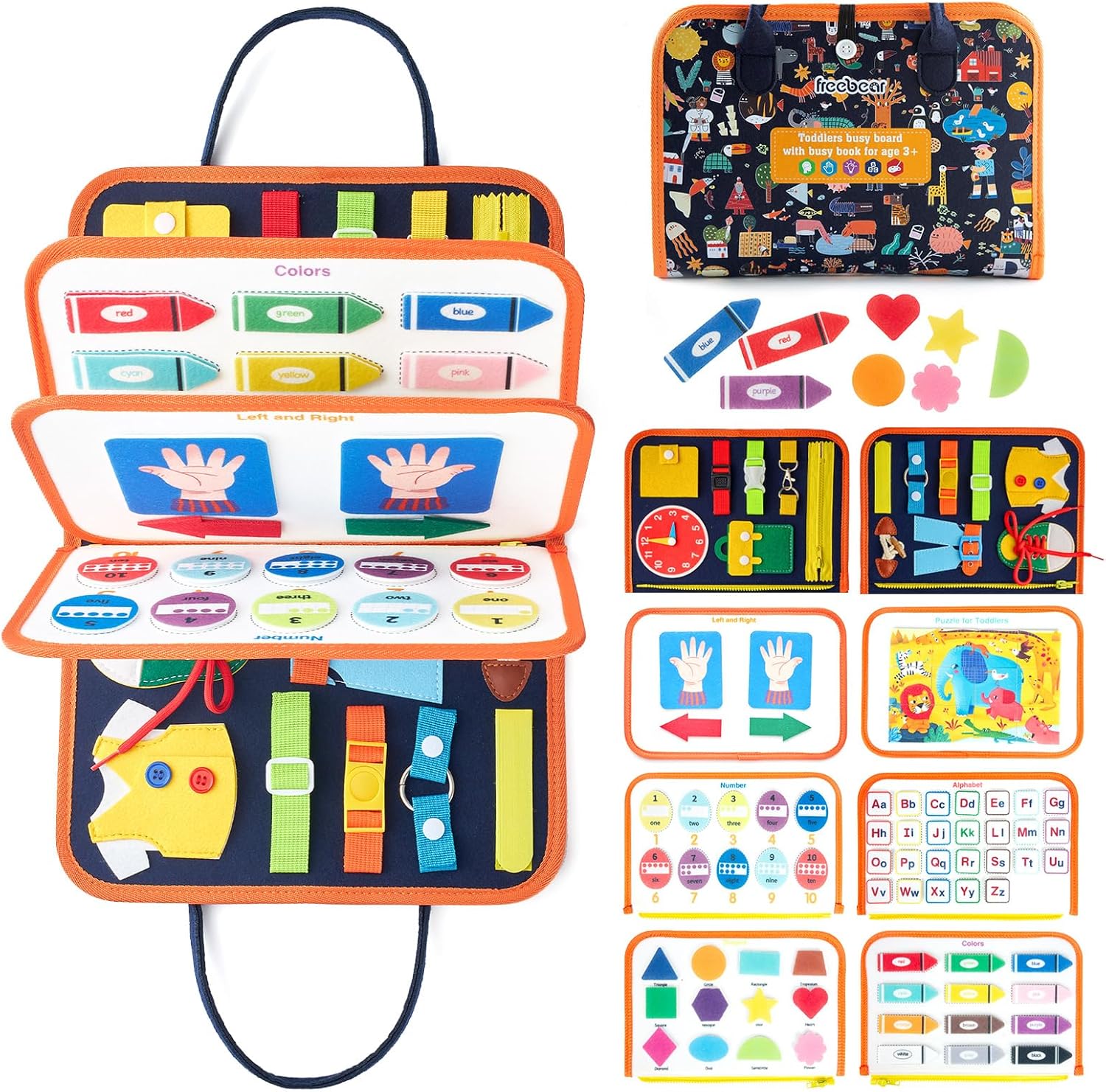 Freebear Busy Board Toddler Travel Sensory Toys for 1 2 3 4, Montessori Learning Activities Board, Educational Toys for 3 4 Year Old Boys Girls Gift, Classic - Image 2