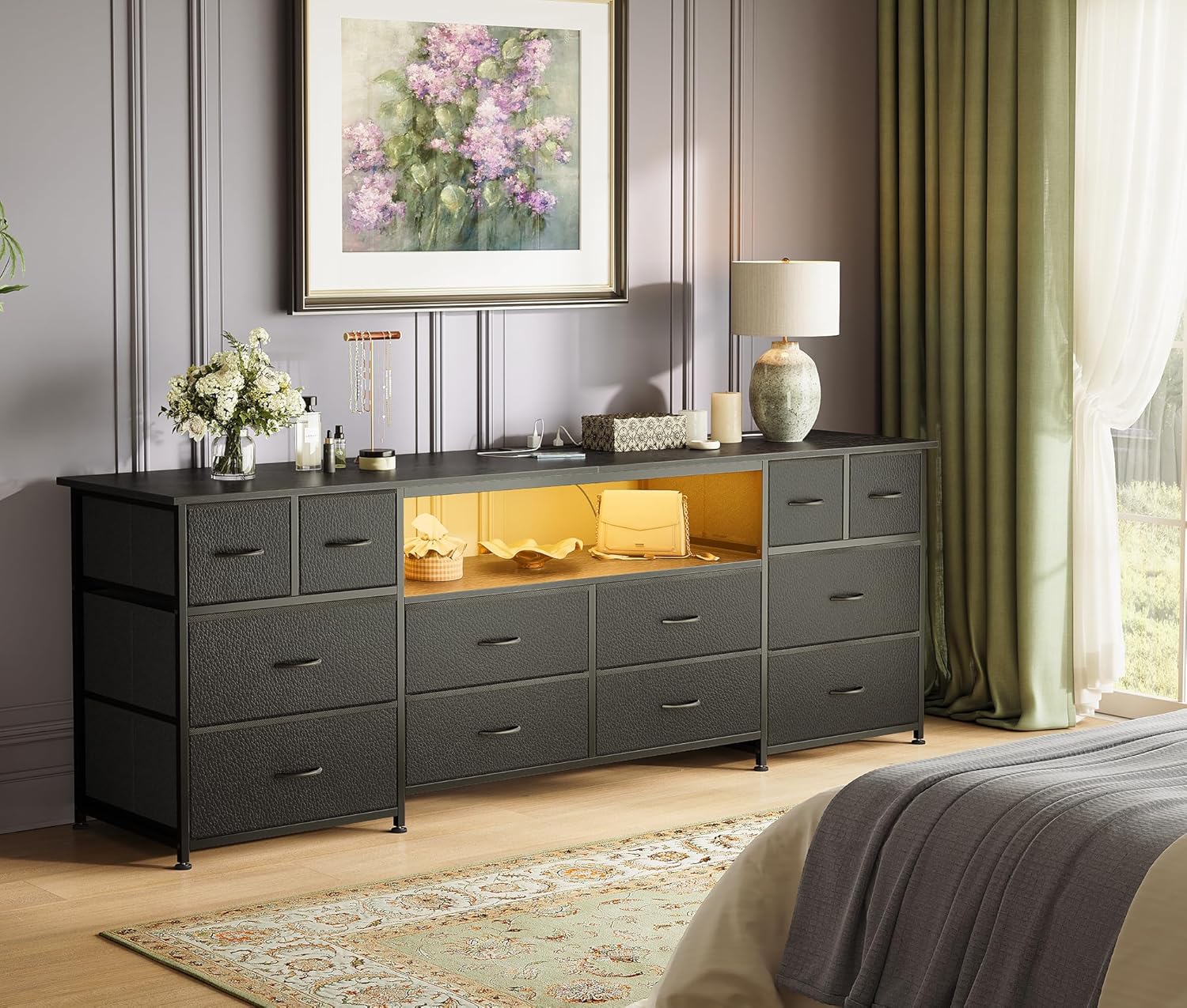 Huuger 63 Inch Dresser TV Stand with LED Lights, Power Outlets and USB-C Port, 12 Fabric Drawer Dresser for Bedroom, Wide Entertainment Center for 65, 70 Inch TV, Open Shelf, Black - Image 8