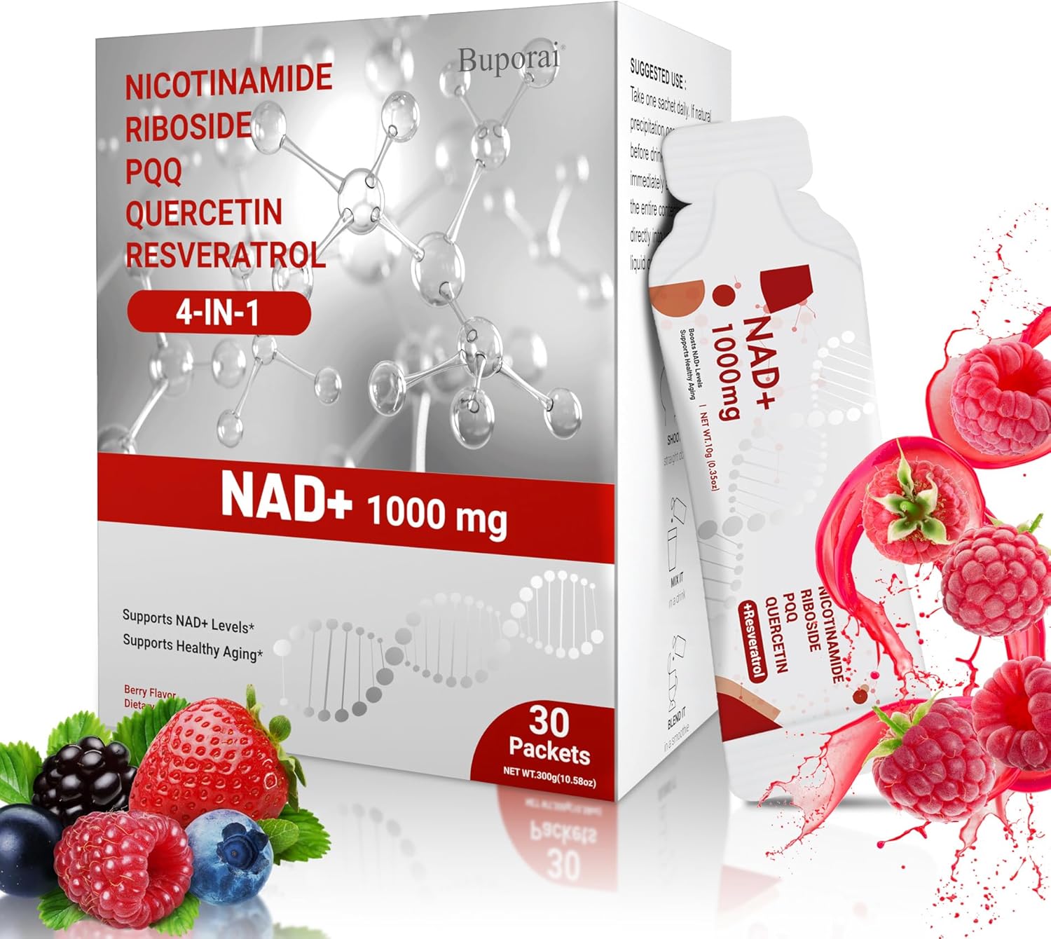 NAD Supplement 1000 mg Liquid Packets - NAD Supplements for Women & Men with Nicotinamide Riboside, Resveratrol, PQQ, Quercetin - NMNH Supplement Alternative for Anti-Aging, Energy-30 Packets - Image 2