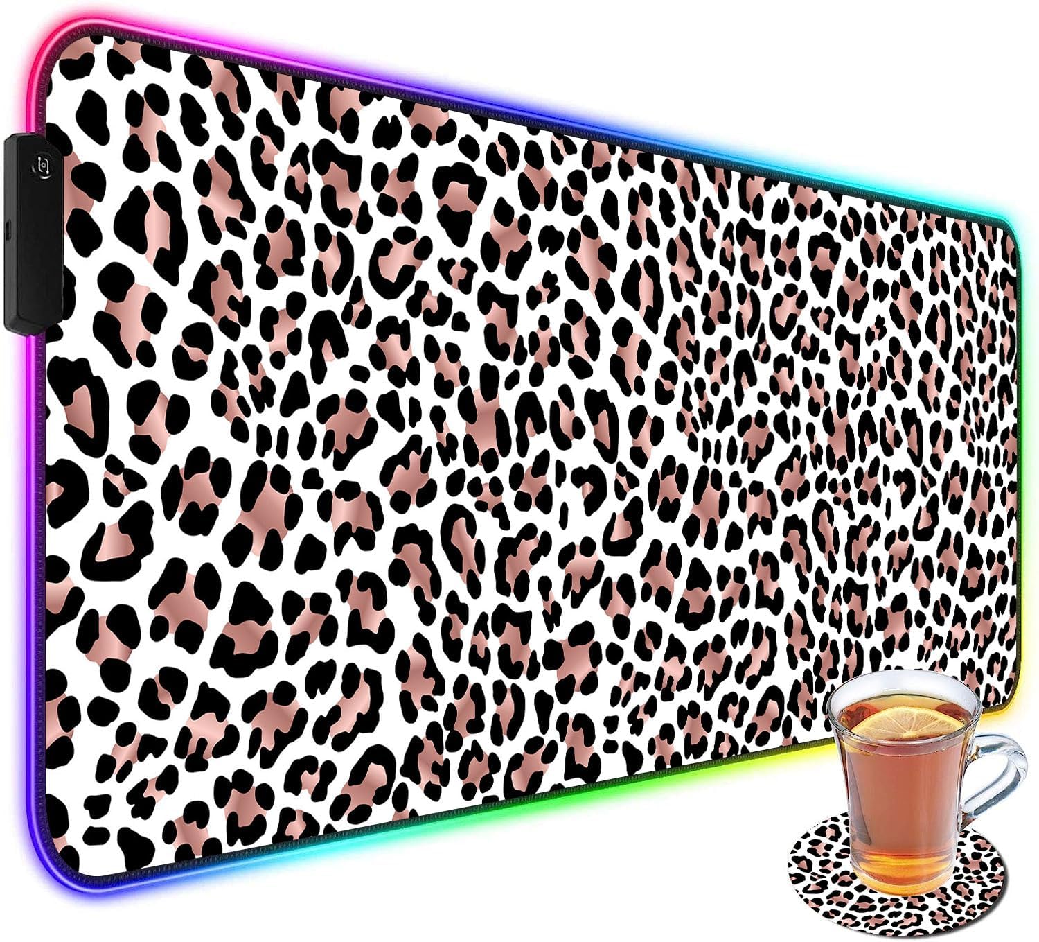 Customized RGB Gaming Mouse Pad and Coffee Coaster,Large Glowing Led Anti-Slip Rubber Base Computer Keyboard Desk Mouse Mat 31.4x11.8 Inch,Leopard Print - Image 2