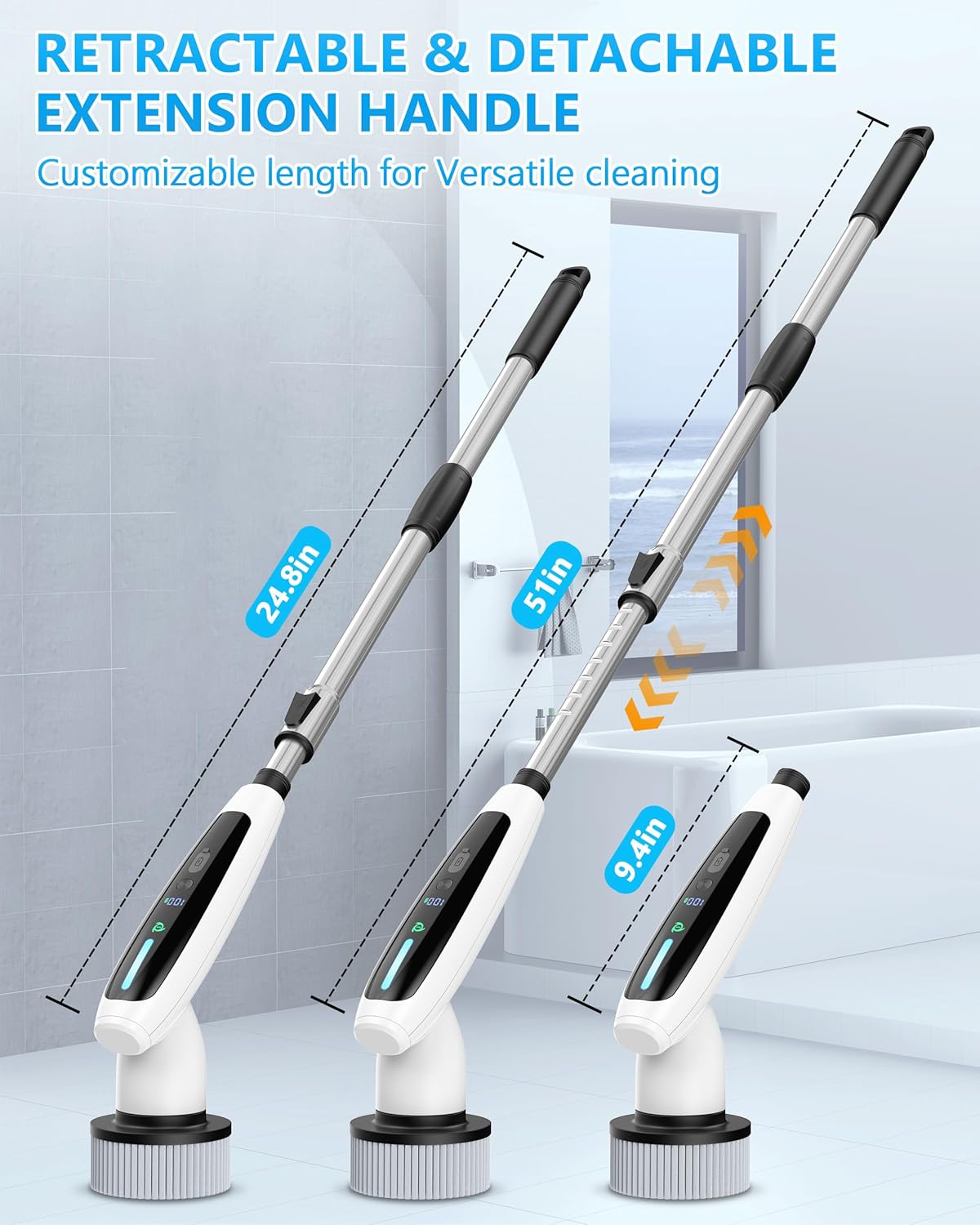 Bathroom Scrubber Electric for Electric Spin Scrubber with 8 Replaceable Brush Heads Power Scrubber 2 Adjustable Speeds,Detachable Long Handle,Voice Broadcast - Image 5