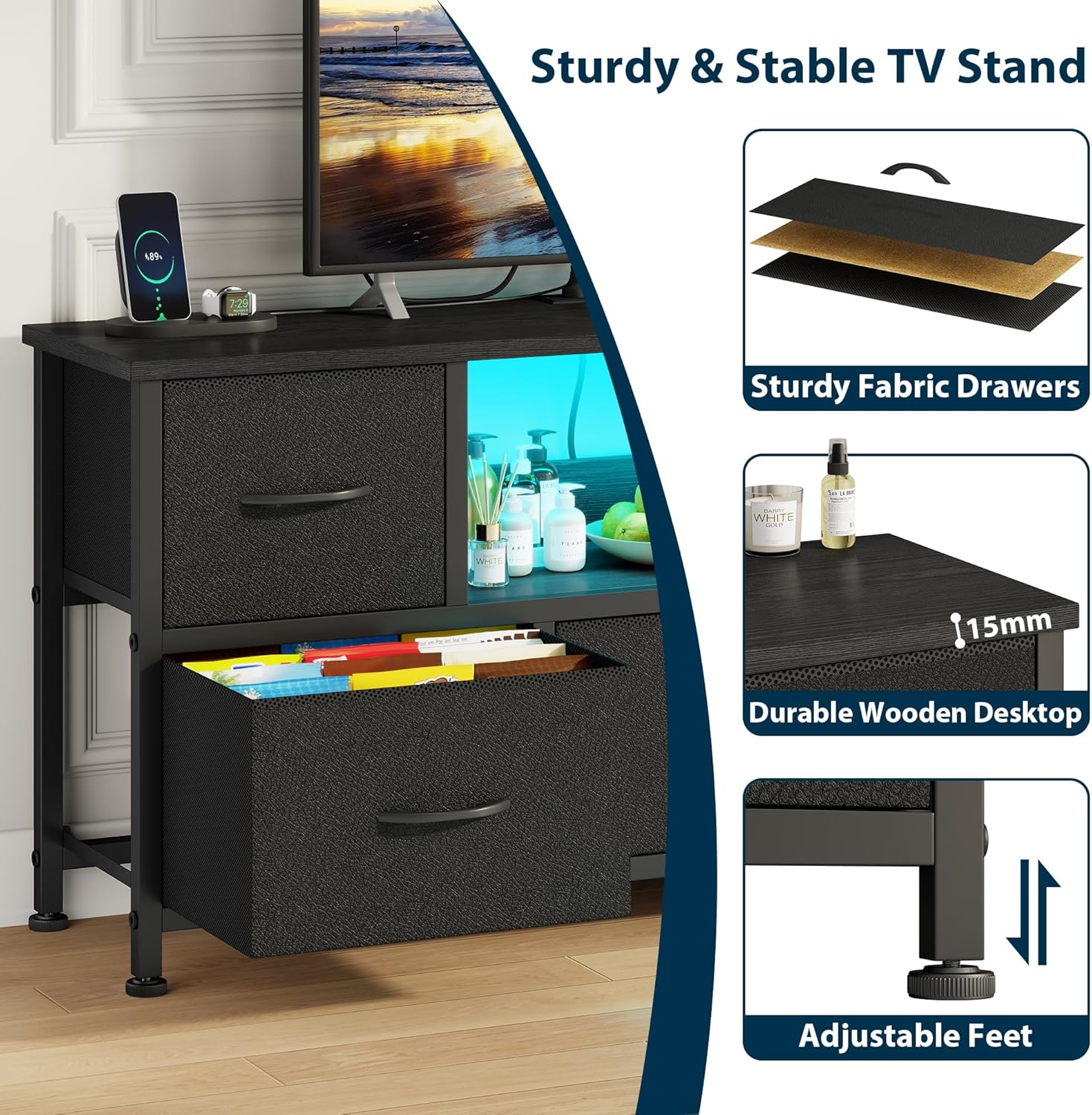 Lulive TV Stand for Living Room, LED Black Dresser for Bedroom with 5 Fabric Drawers,43 55in TV Stand with Power Outlet, Entertainment Center with Open Shelf - Image 8