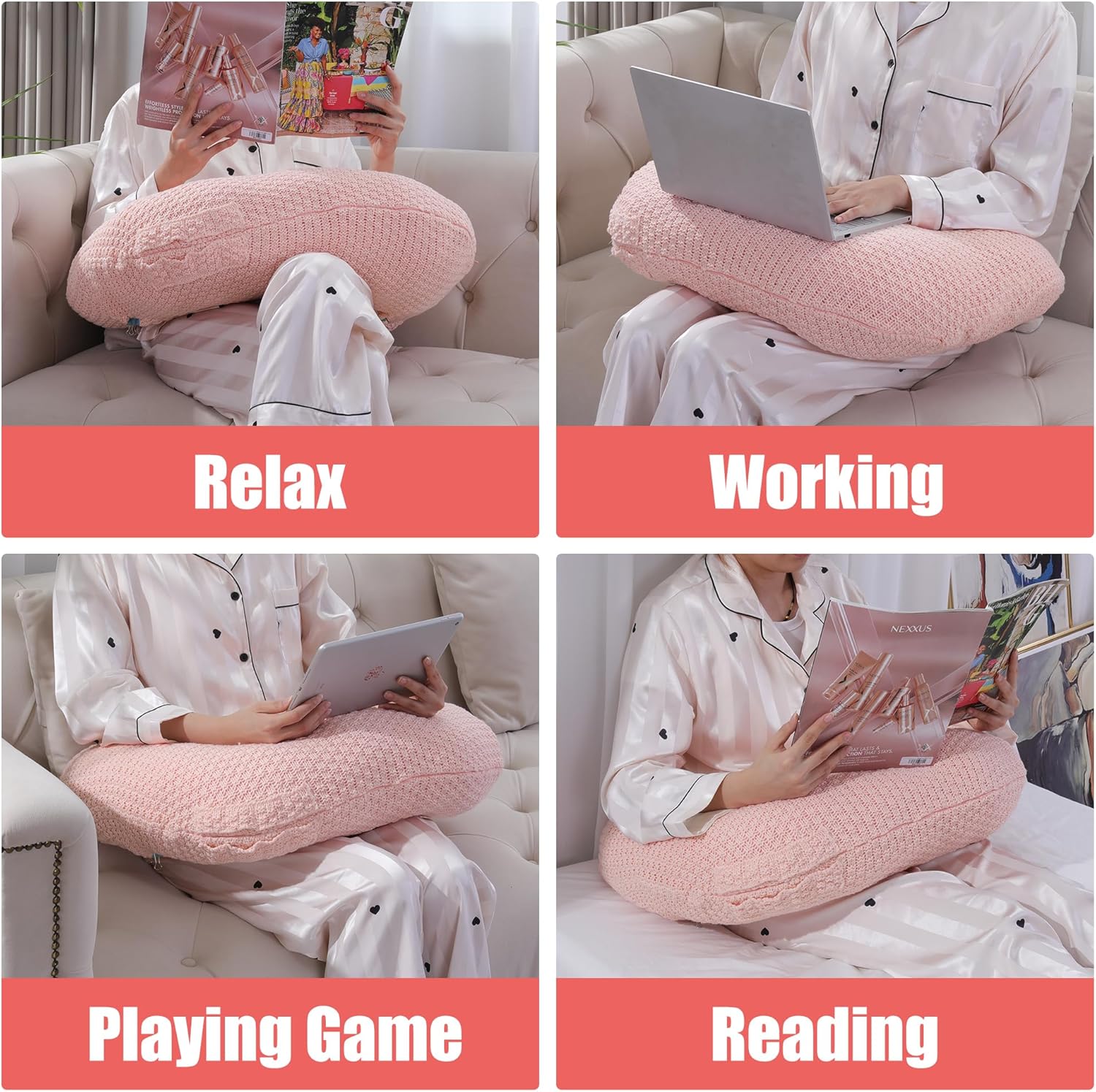 HOMBYS Crochet Pillow for Lap Support,Gaming & Reading Arm Rest Pillow,Soft Lap Desk Pillow with Crochet Cover (Pink) - Image 5