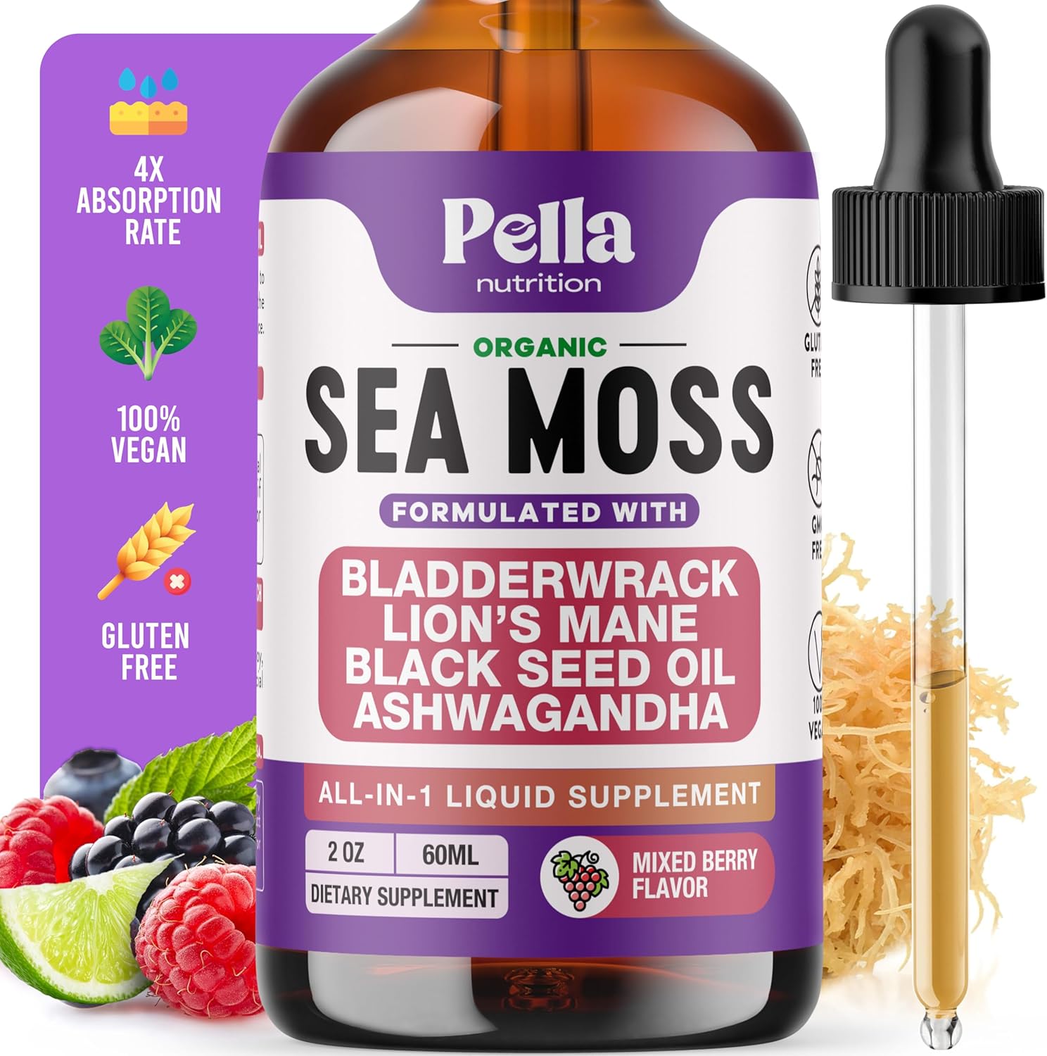 Sea Moss and Ashwagandha Liquid Supplement - Infused with Lion's Mane, Black Seed Oil, and Bladderwrack - Vegan, Easy-to-Mix Formula - Supports Antioxidant Activity & Immune Health (Mixed Berry, 60mL) - Image 2