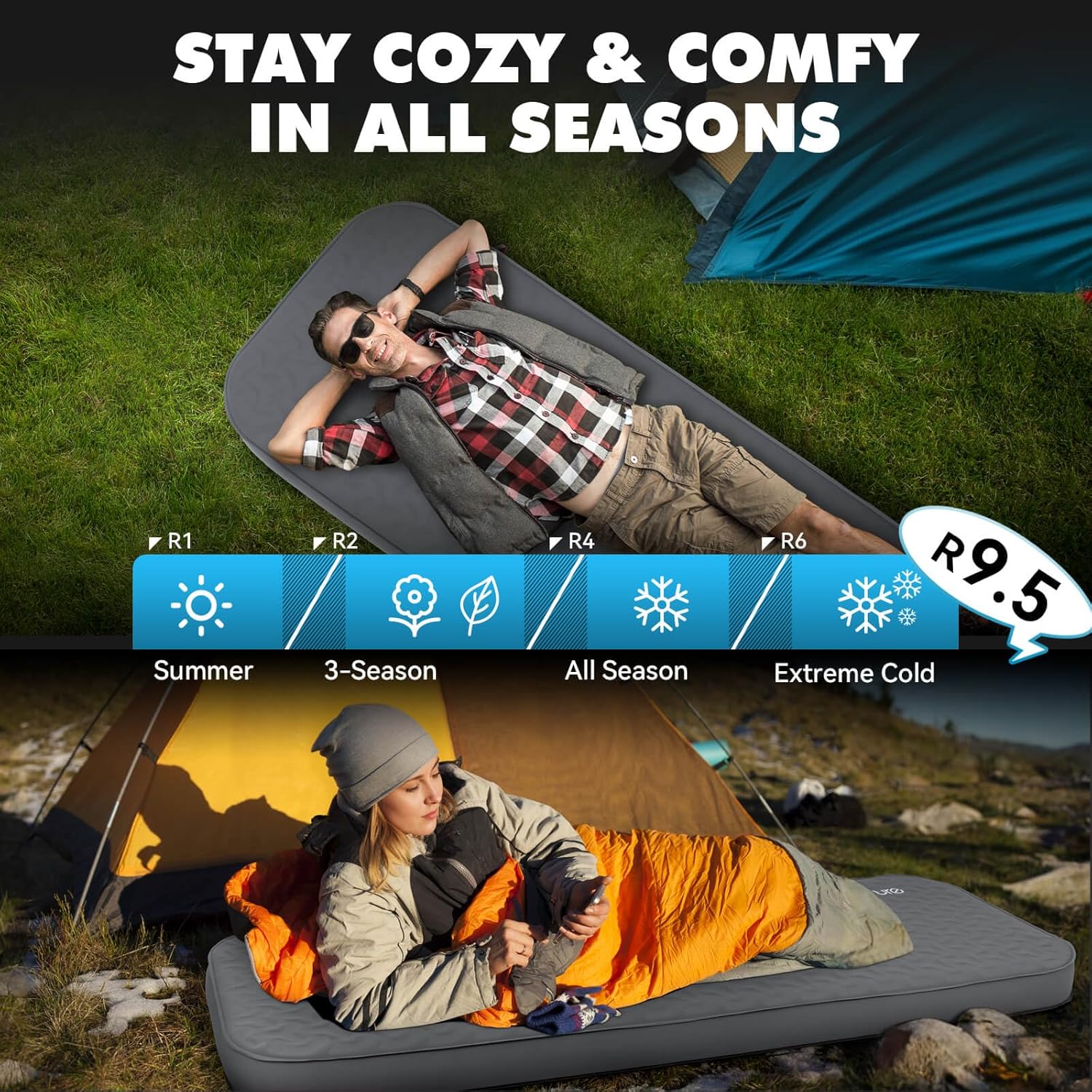 Hikenture 4" Thick Self Inflating Sleeping Pad, Foam & Air Camping Mattress, 9.5 R-Value Insulated Sleeping Mat, Portable All Season Camping Pad for Tent, Car, Cot, Truck - Image 6