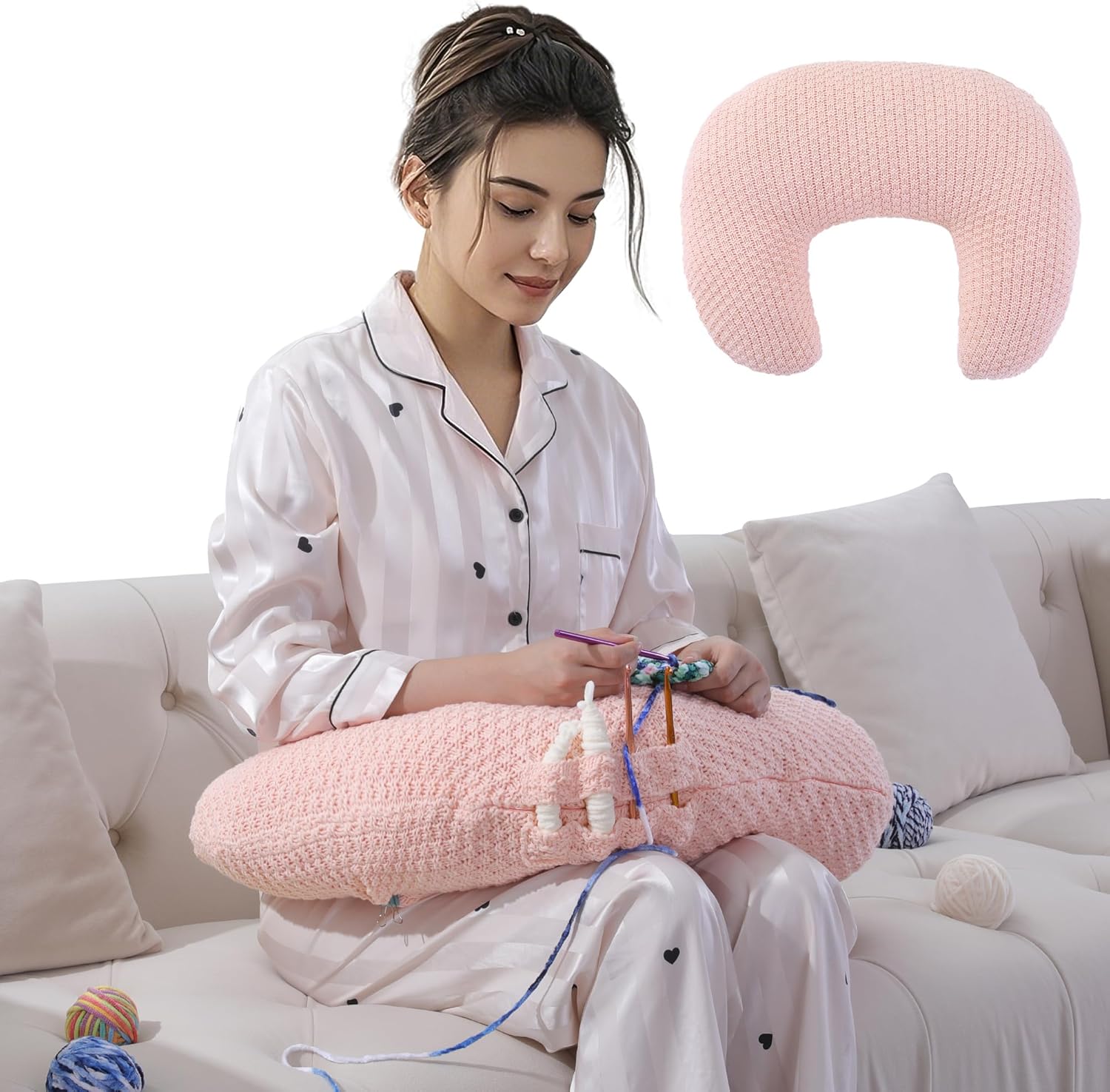 HOMBYS Crochet Pillow for Lap Support,Gaming & Reading Arm Rest Pillow,Soft Lap Desk Pillow with Crochet Cover (Pink) - Image 2