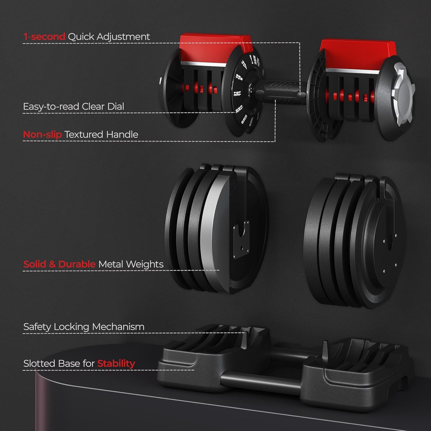 Yaheetech Adjustable Dumbbell Set Free Weight Dumbbells 52.5lbs Fast Adjust Dumbbells 3 in 1 Dumbbell Weight Set Used as Barbell, Kettlebells, with Tray, for Men/Women Strength Training Equipment - Image 8