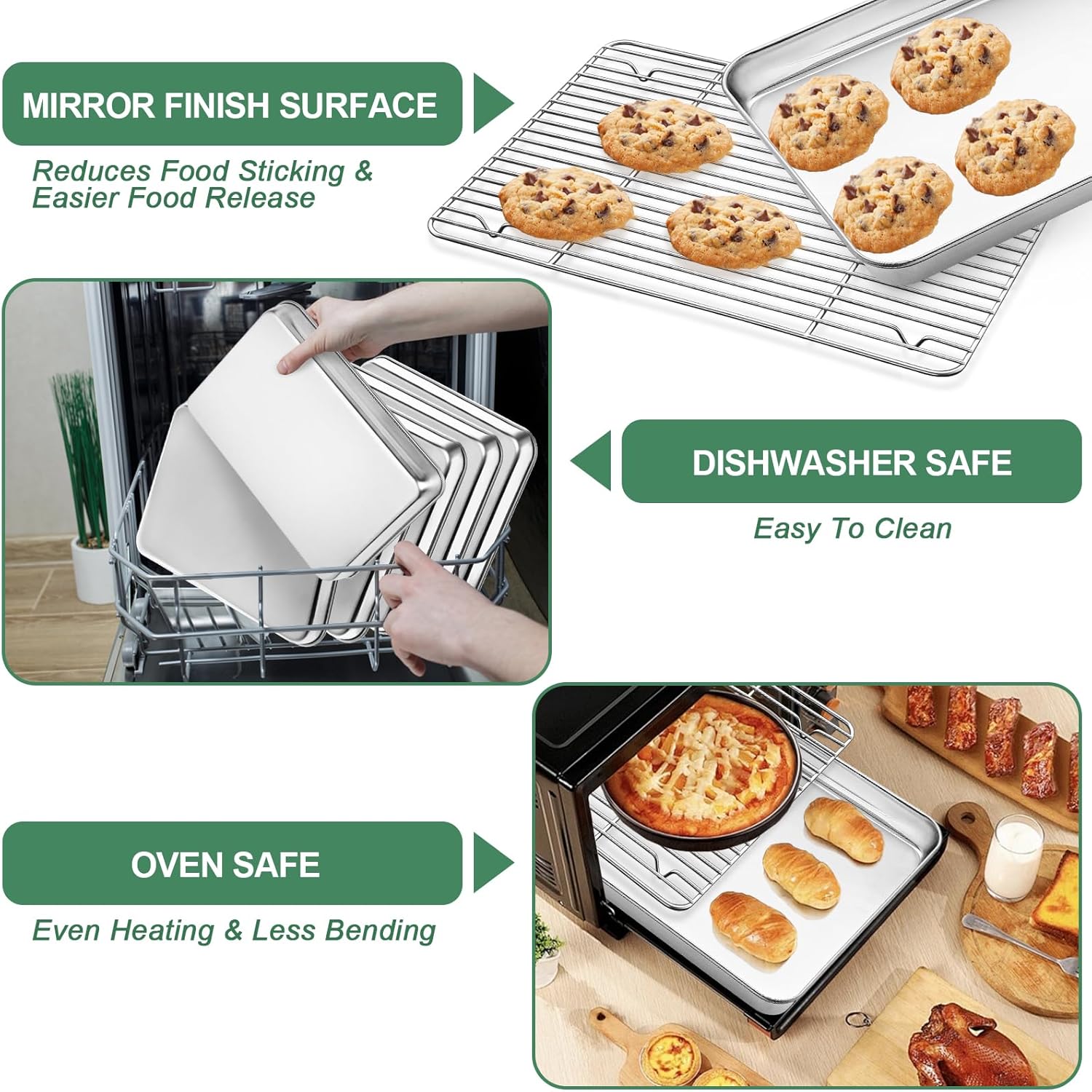 Stainless Steel Baking Sheets with Rack, HKJ Chef Cookie Sheets and Nonstick Cooling Rack & Baking Pans for Oven & Toaster Oven Tray Pans, Rectangle Size 12.5L x 10W x 1H inch & Non Toxic & Healthy - Image 5