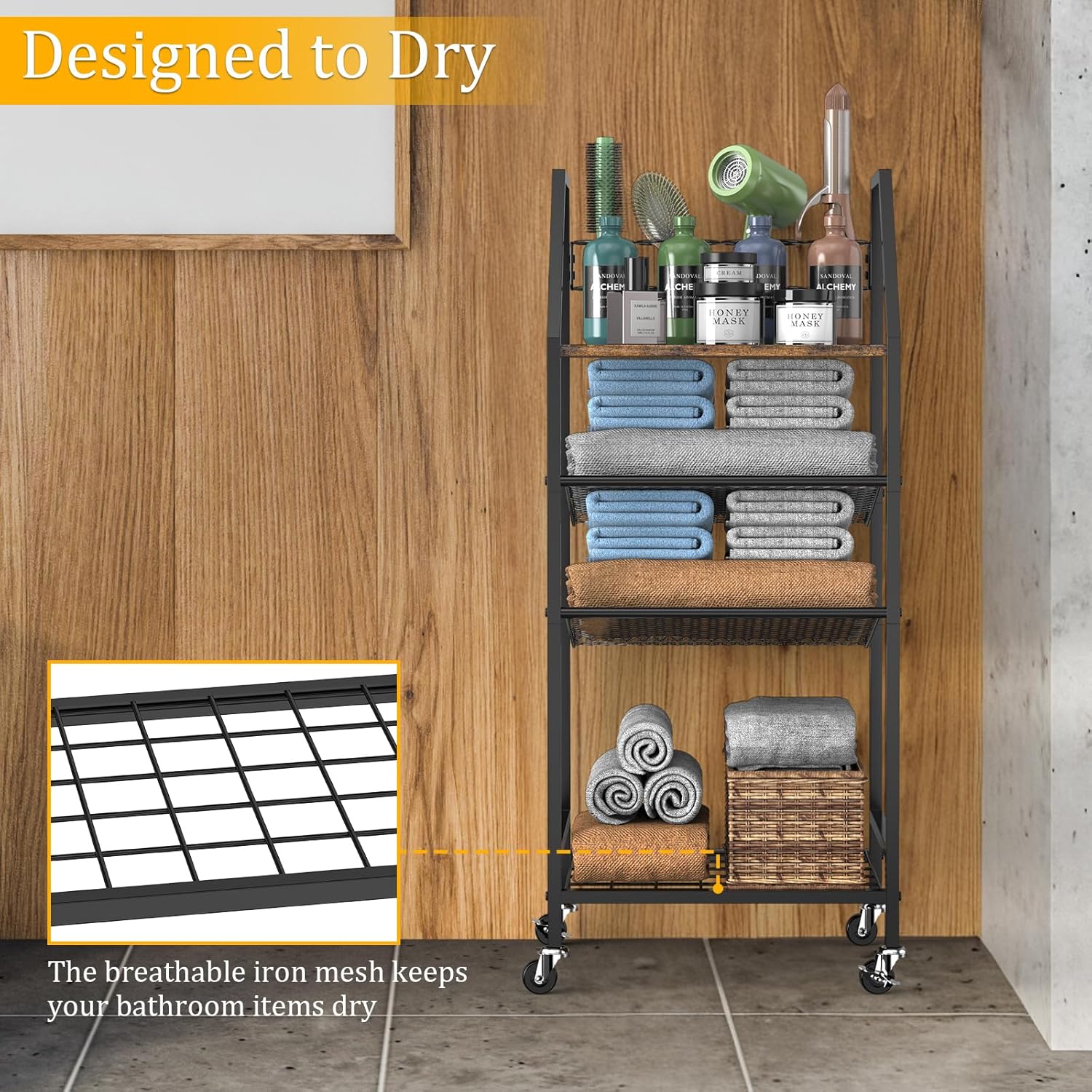 4-Tier Towel Rack Free Standing with Hair Tool Organizer, Durable Metal Bath Towel Holder for Bathroom, Pool Towel Rack, Space-Saving Storage Organizer, Bath Towel Shelf with Wheels, Rustic Brown - Image 7