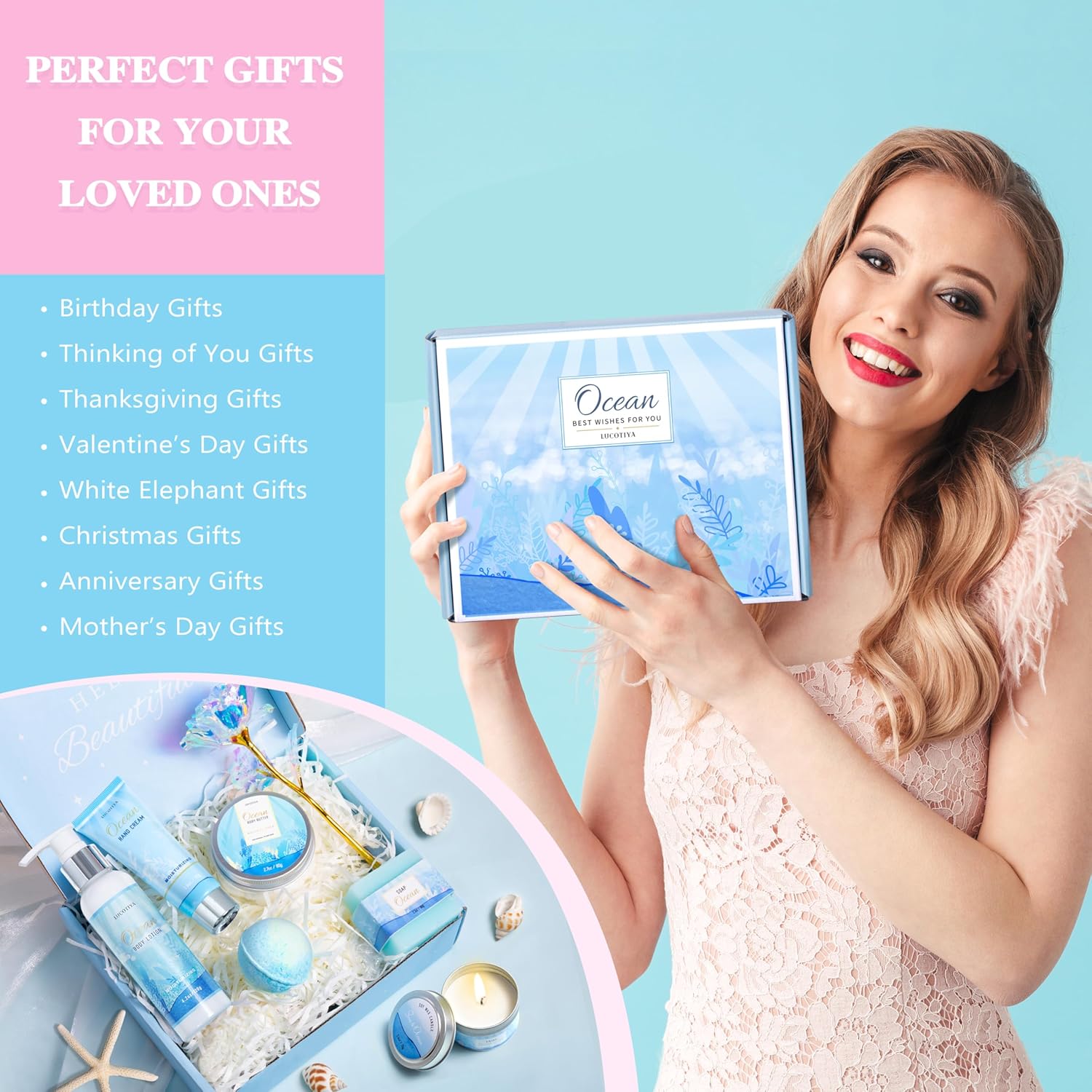 Gifts for Women, Ocean Scented Spa Gift for Women Birthday 7 Luxury Self Care Package, Gift Basket Care Package for Her Wife Mom Friends Female Bff - Image 8