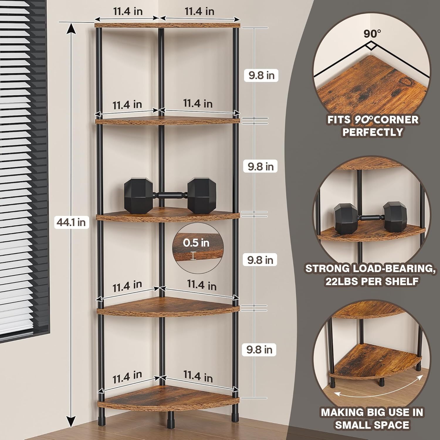 Corner Plant Stand Shelf, 5 Tier Tall Shelf Plant Stand for Indoor Plants, Rustic Brown Corner Bookshelf Wall Decor Living Room, 44.1" Display Shelf for Bedroom, Bathroom, Small Space - Image 3