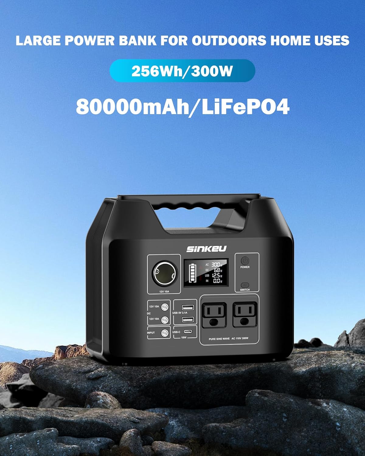 SinKeu Portable Power Station 80000mAh,256Wh LiFePO4 Battery Backup,300W (Peak 600W) AC Outlets, Power Bank for Hurricane Emergency Outdoor Camping RVs Home - Image 9